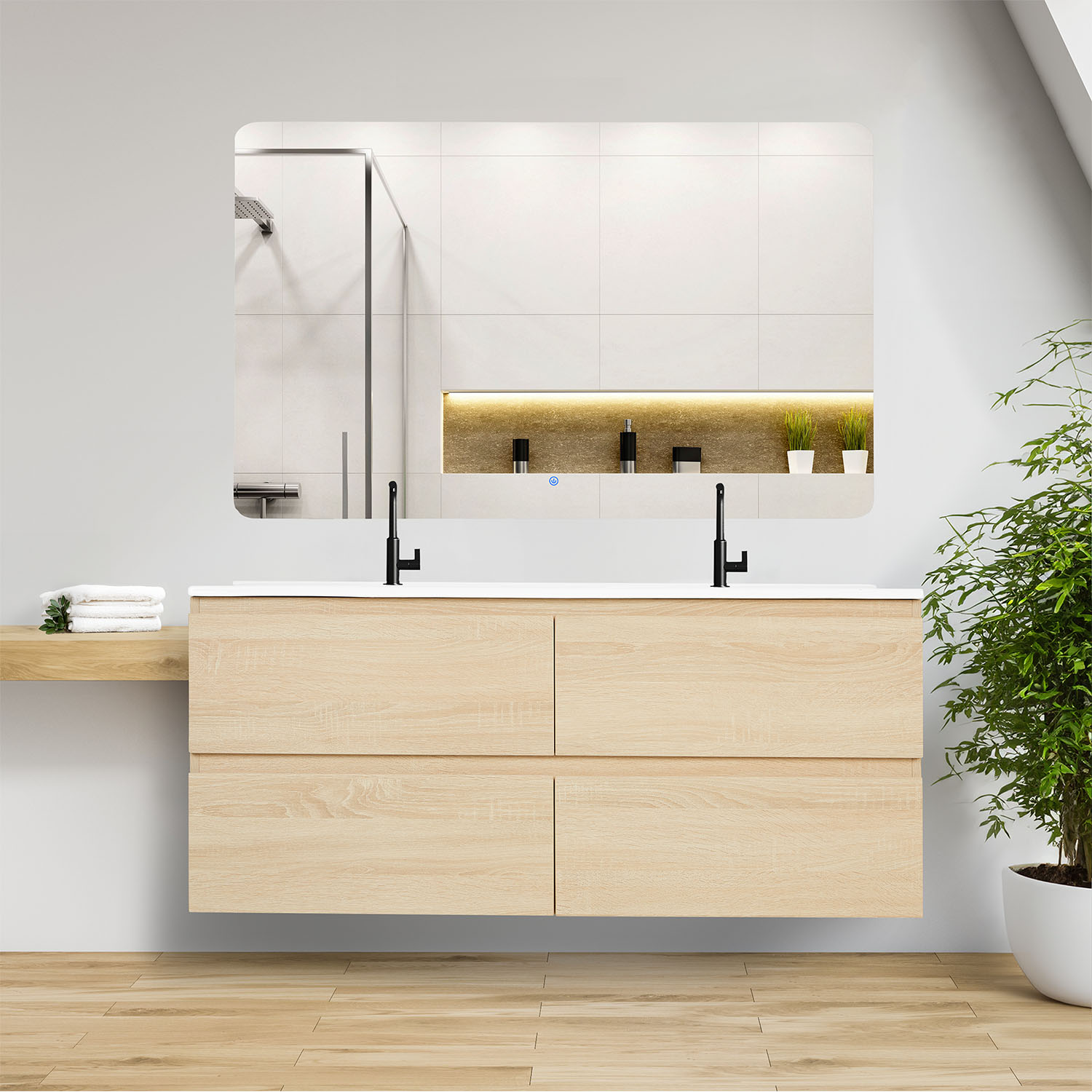 Bathroom cabinet 120 cm Natural Wood Oak Storage Vanity unit Bathroom furniture Double Sink unit Washroom wall cabinet 