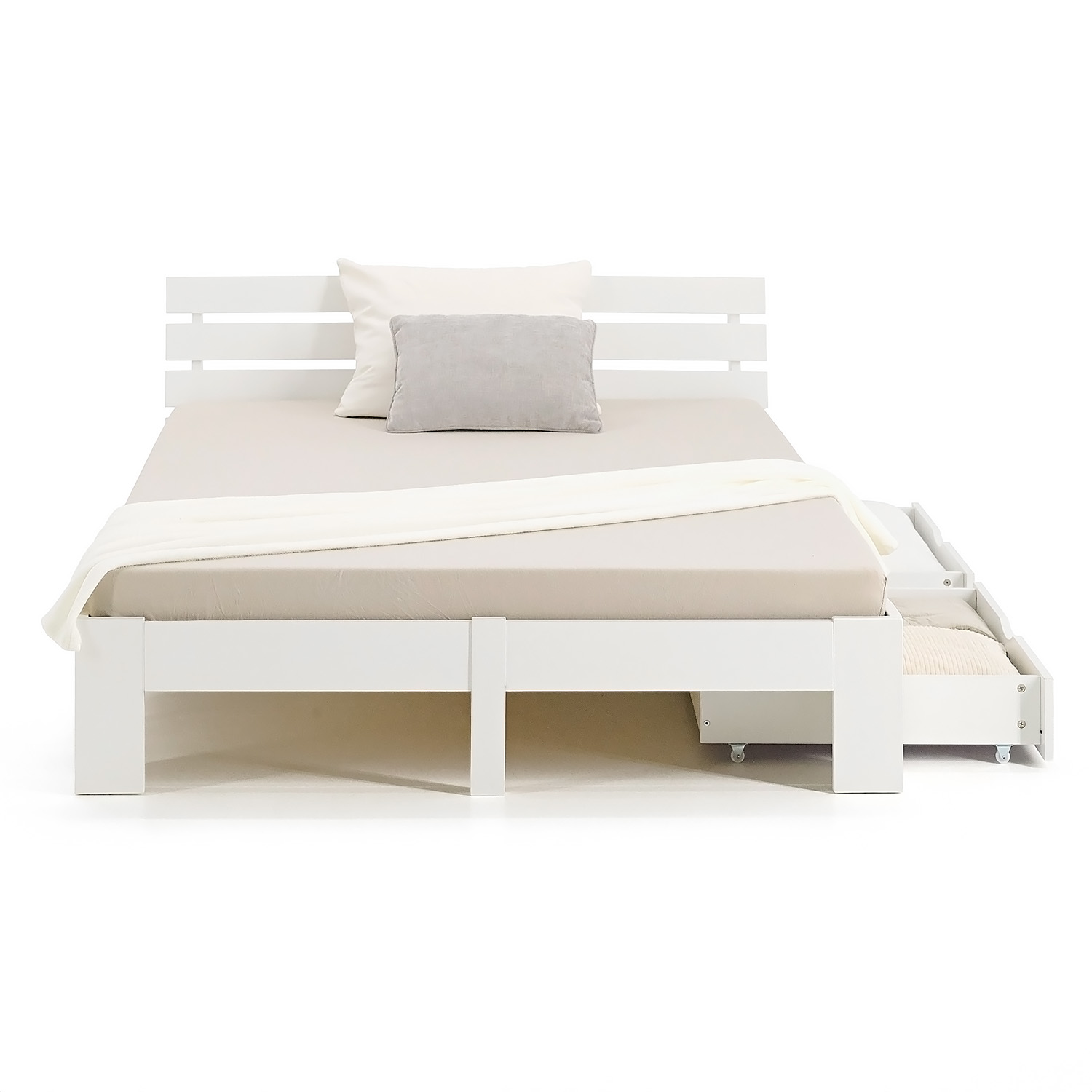 Wood Bed 140x200 cm White | Double Bed with Storage 2 Drawers | with Mattress | Solid | Kids Youth Guest Bedroom