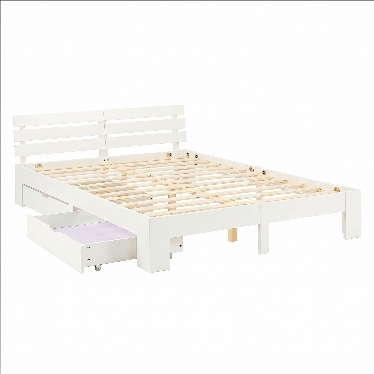 Wood Bed 160x200 cm White | Double Bed with Storage 2 Drawers | with Mattress | Solid | Youth Guest Bedroom
