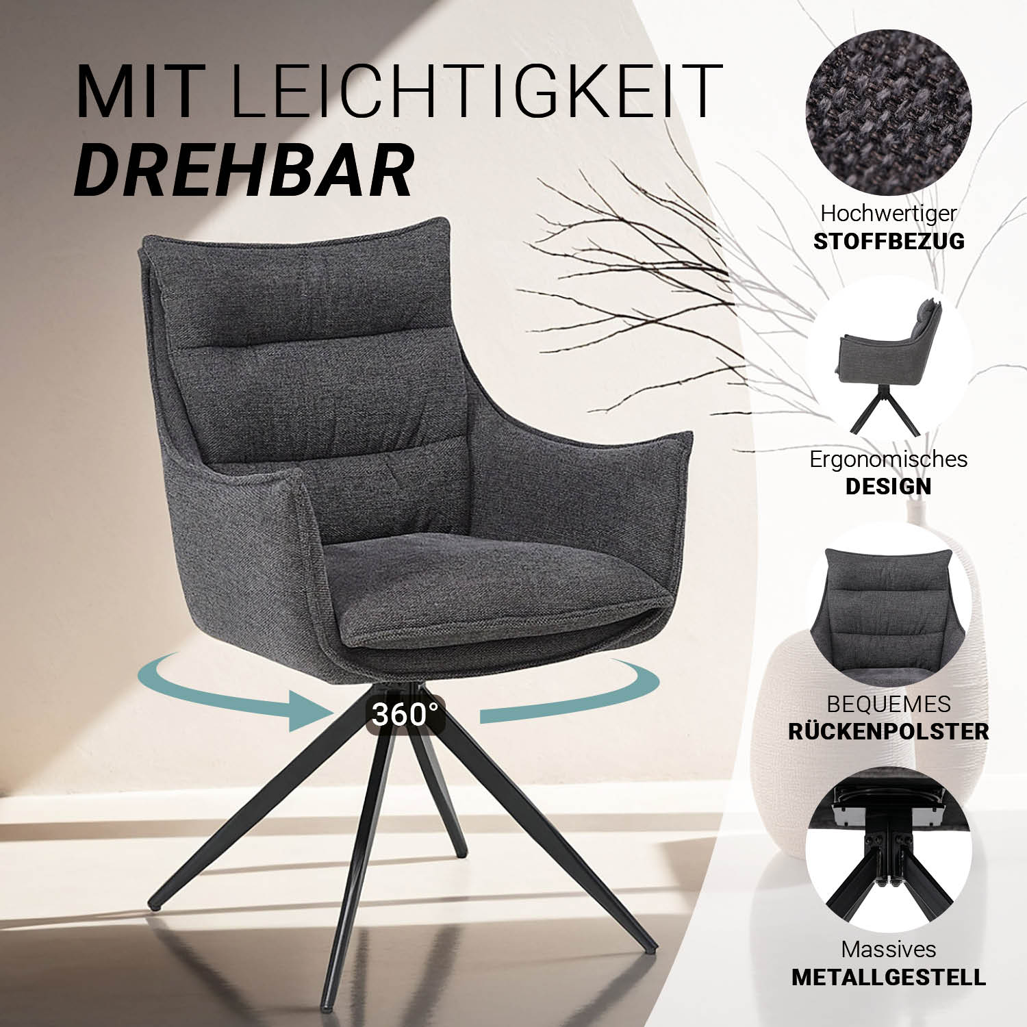Esszimmerstühle Drehbar 1, 2, 4 oder 6 Stühle für den Esstisch Drehstuhl mit Armlehne Stoff Anthrazit Polsterstühle Sessel Modern