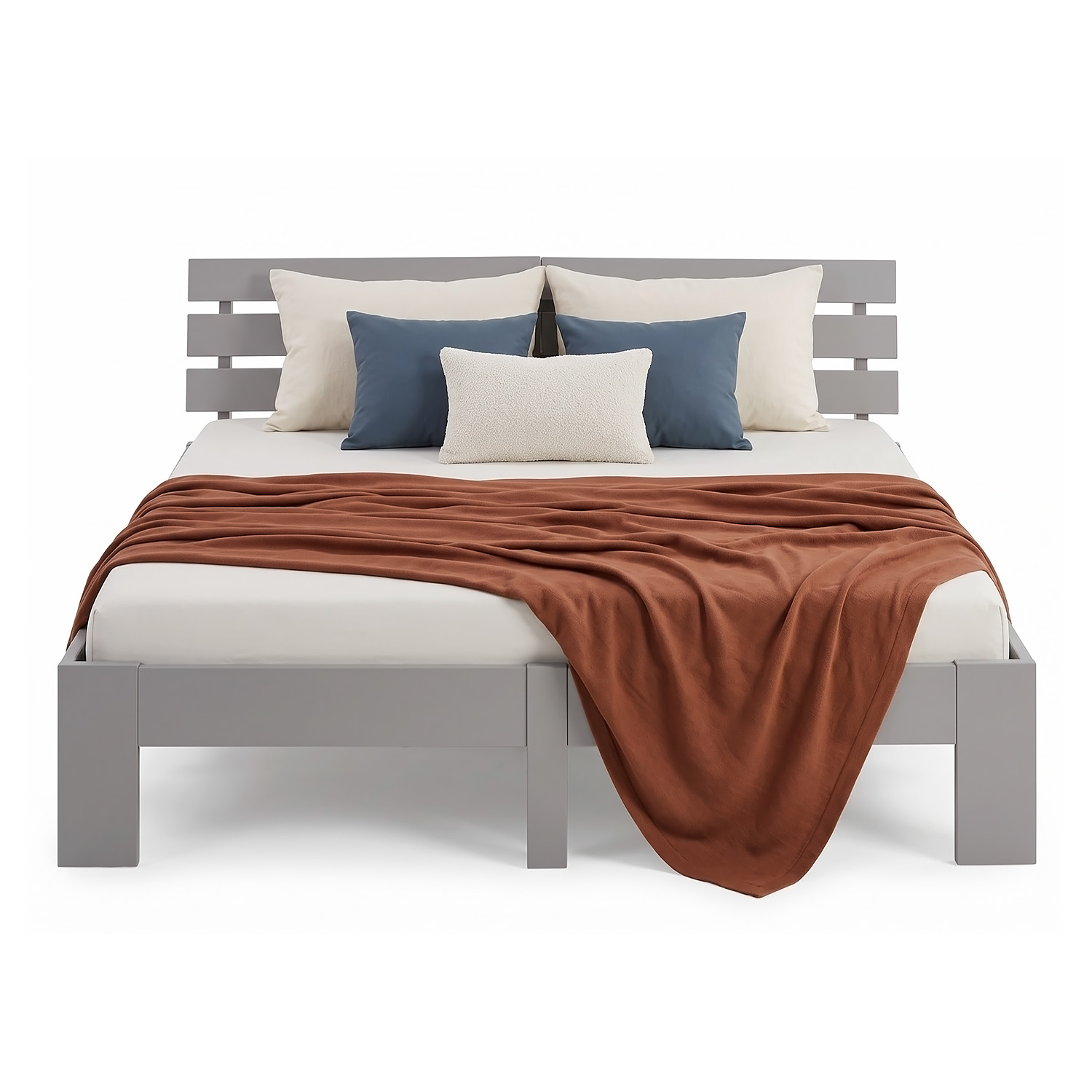 Wood Bed 160x200 cm Grey | Double Bed | with 2 Mattress | Solid | Kids Youth Guest Bedroom