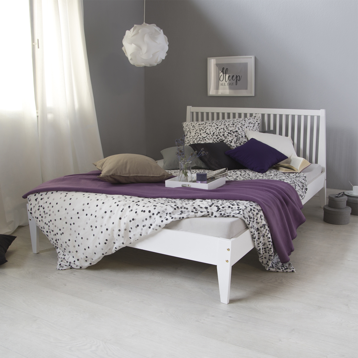 Wood Bed 140x200 cm White | Double Bed | with Slatted Frame | Scandinavian Style | Kids Youth Guest Bedroom