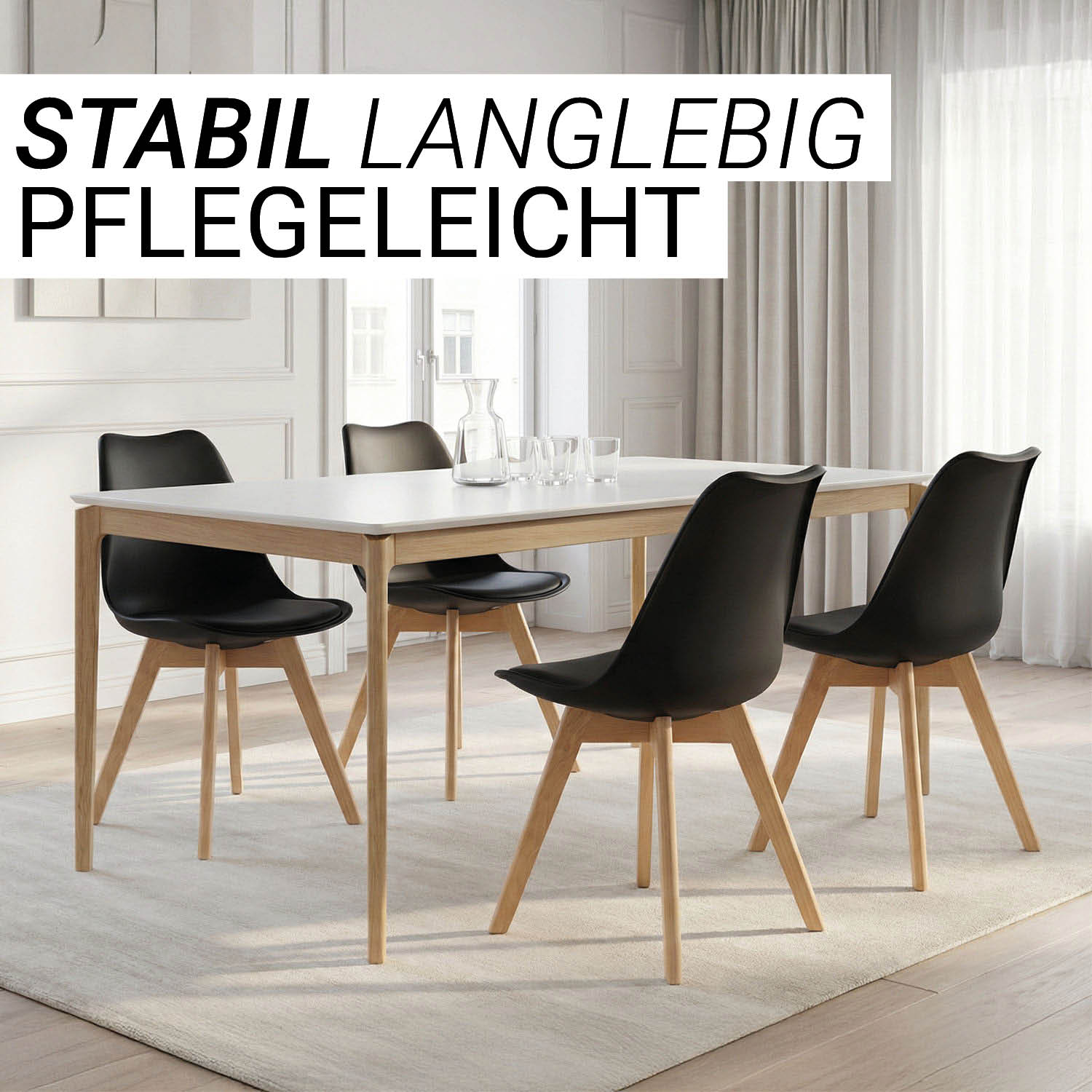 2 Black Dining Chairs – Modern Plastic Design Chair with Wooden Legs | Set of 2 Contemporary Kitchen & Dining Chairs