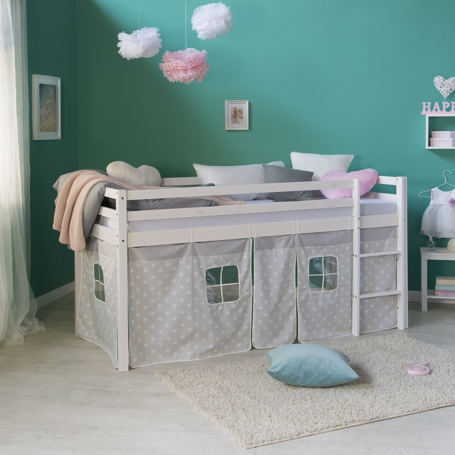 Loft Bed Kids 90x200 cm White with Curtain Stars | without Slatted Frame