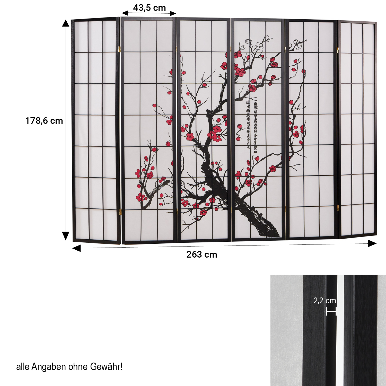 Paravent Black Cherry Pattern | Rice Paper White | 6-panel | Wood | Room Divider Partition Privacy Screen