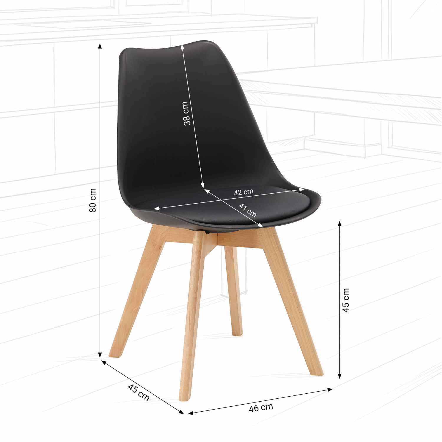 2 Black Dining Chairs – Modern Plastic Design Chair with Wooden Legs | Set of 2 Contemporary Kitchen & Dining Chairs
