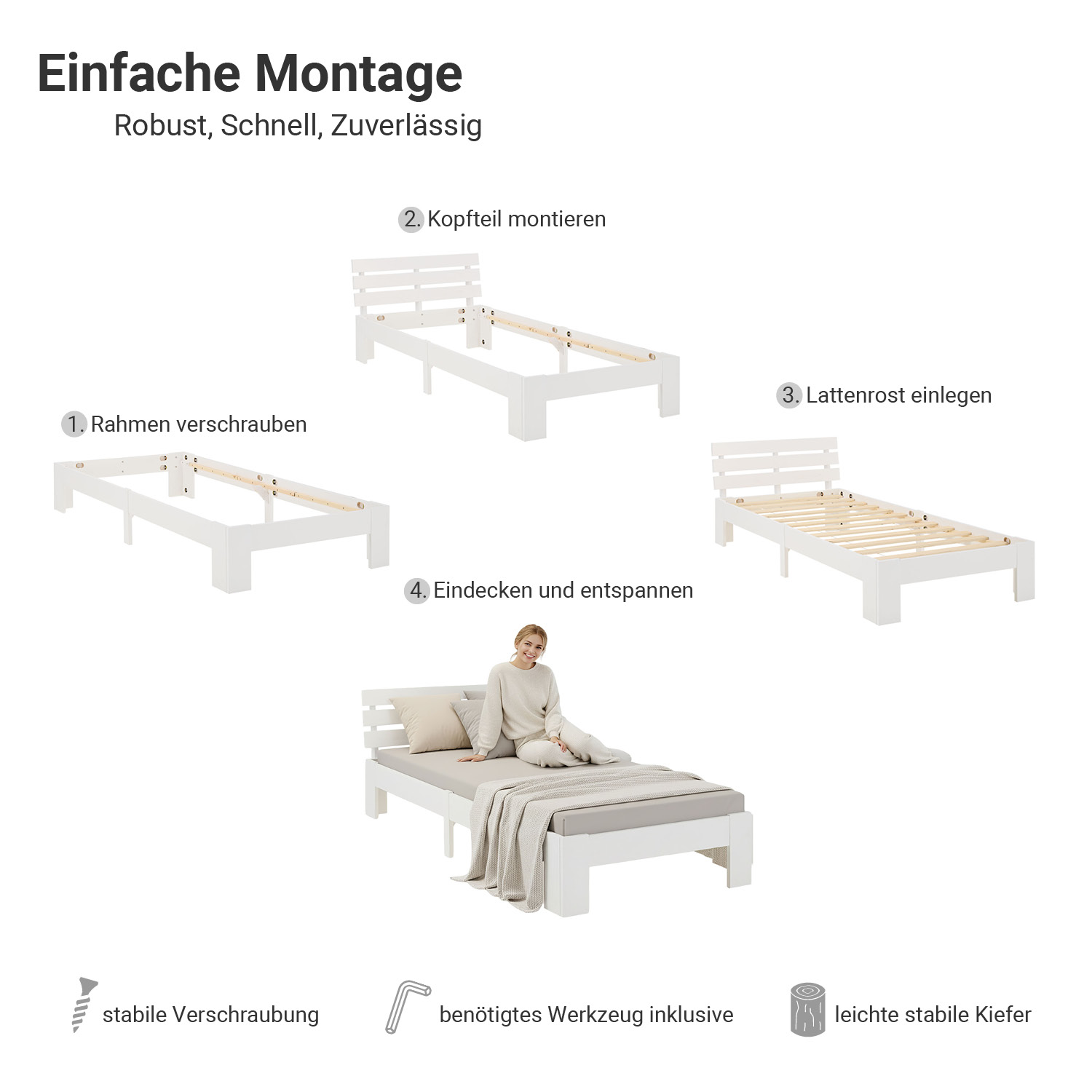 Wood Bed 90x200 cm White | Single Bed | with Slatted Frame | Solid | Kids Youth Guest Bedroom