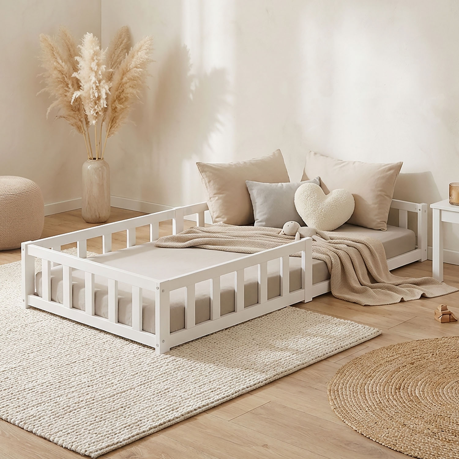 Montessori Crib 90x200 cm White, Includes Mattress & Slatted Base – Floor-Level Crib with Safety Rail Made of Solid Wood