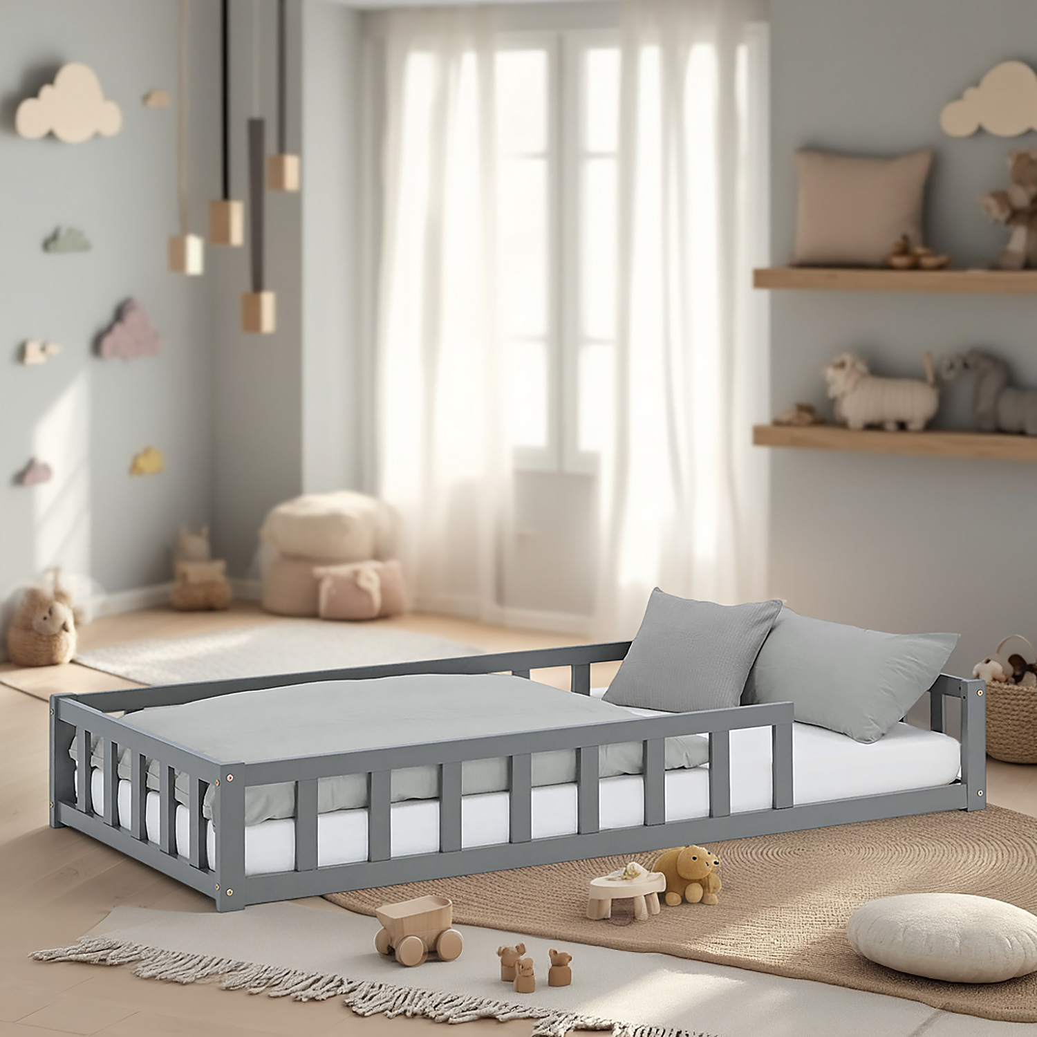 Children's Bed 90x200 Grey | Floor Bed with Mattress & Slatted Frame | with Fall Protection | Montessori