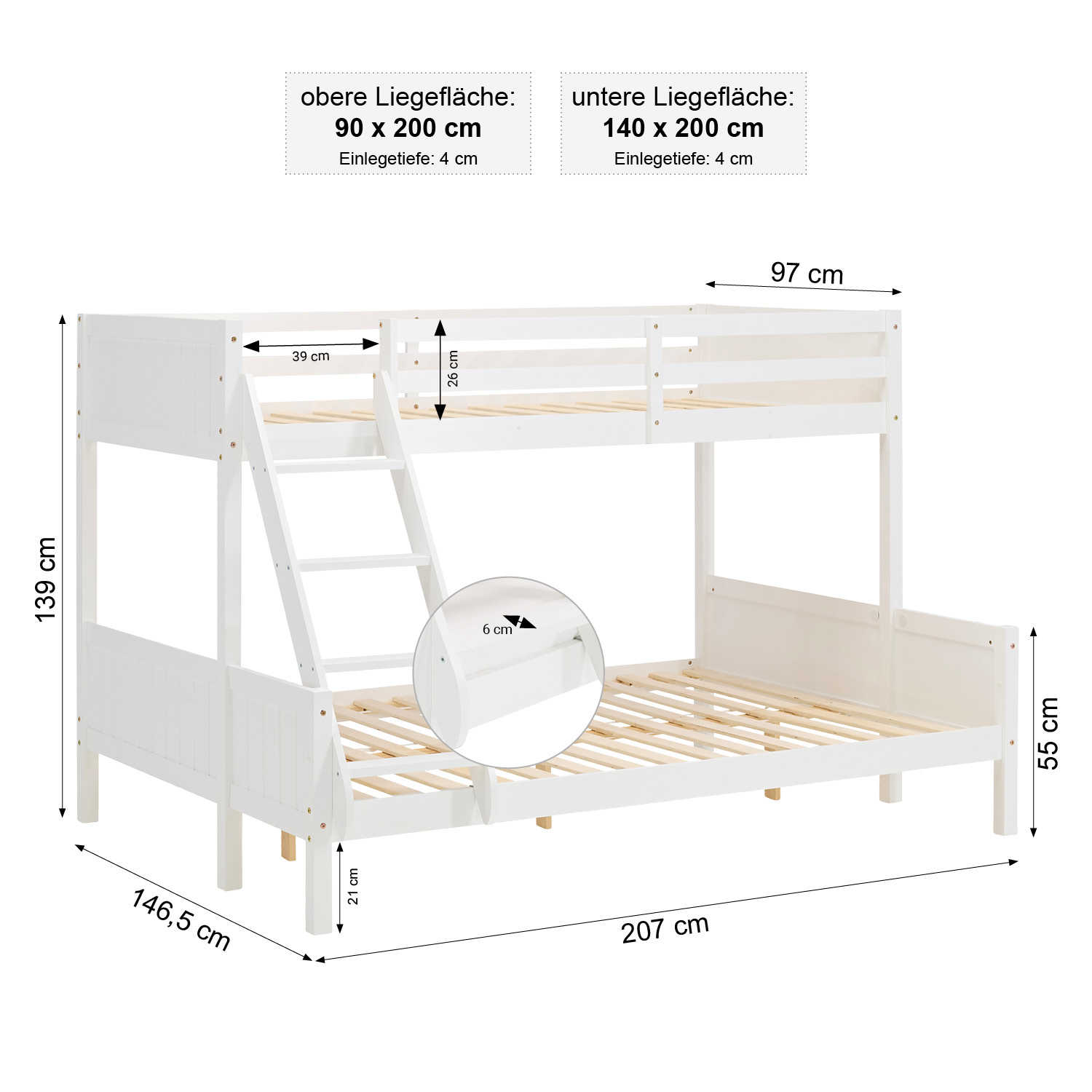 Bunk Bed Kids Bed 90x200 and 140x200 cm White Grey 2 Mattresses Wood Cabin Bed High Sleeper Bed Loft Bed Childrens Bed Twin Bed Drawer