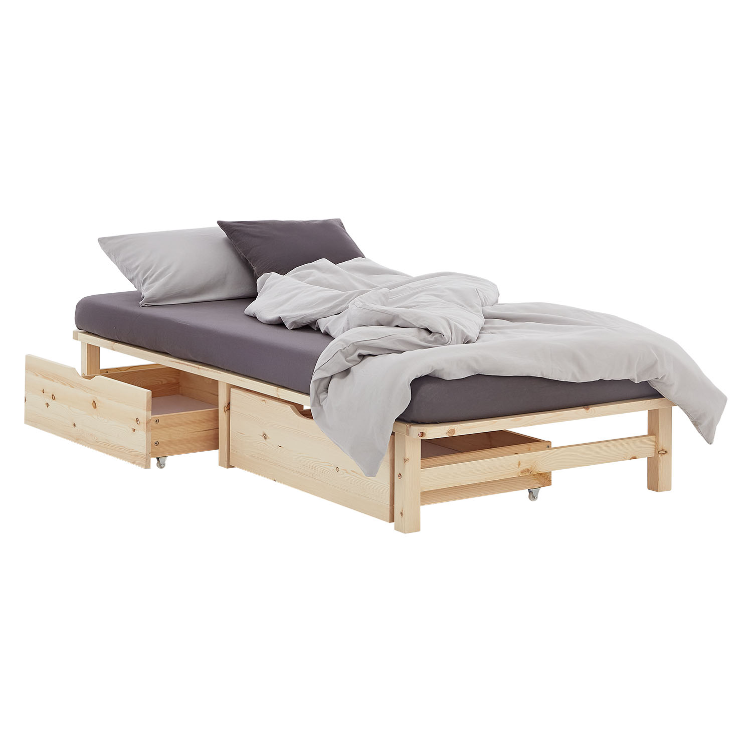 Pallet Bed 90x200 cm Natural | Single Bed with Storage Drawers | with Mattress | Wood | Kids Youth Guest Bedroom