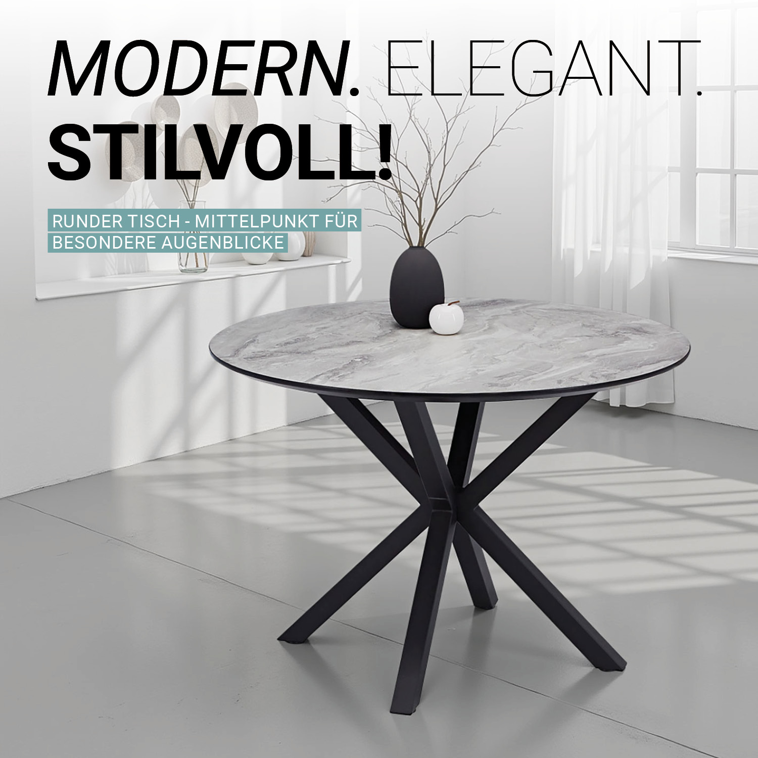 Dining set | 4-piece set upholstered chairs grey | dining table grey black metal frame round 110 cm