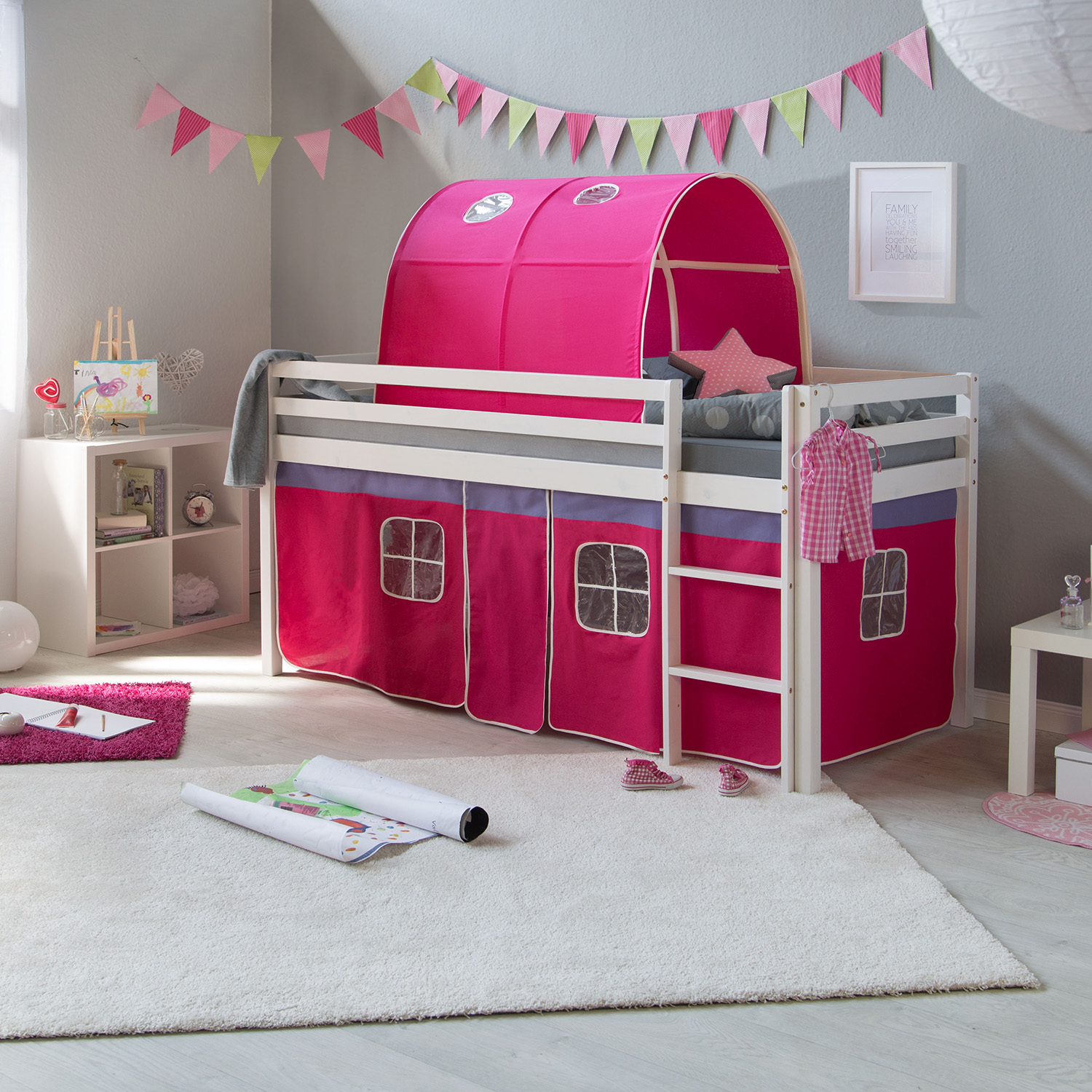 Loft Bed Kids 90x200 cm White with Curtain in Pink | Tunnel | with Slatted Frame Loftbed 90x200 cm with Mattress Bunk bed Childrens bed Solid Pine Wood Slats Tunnel Curtain Pink