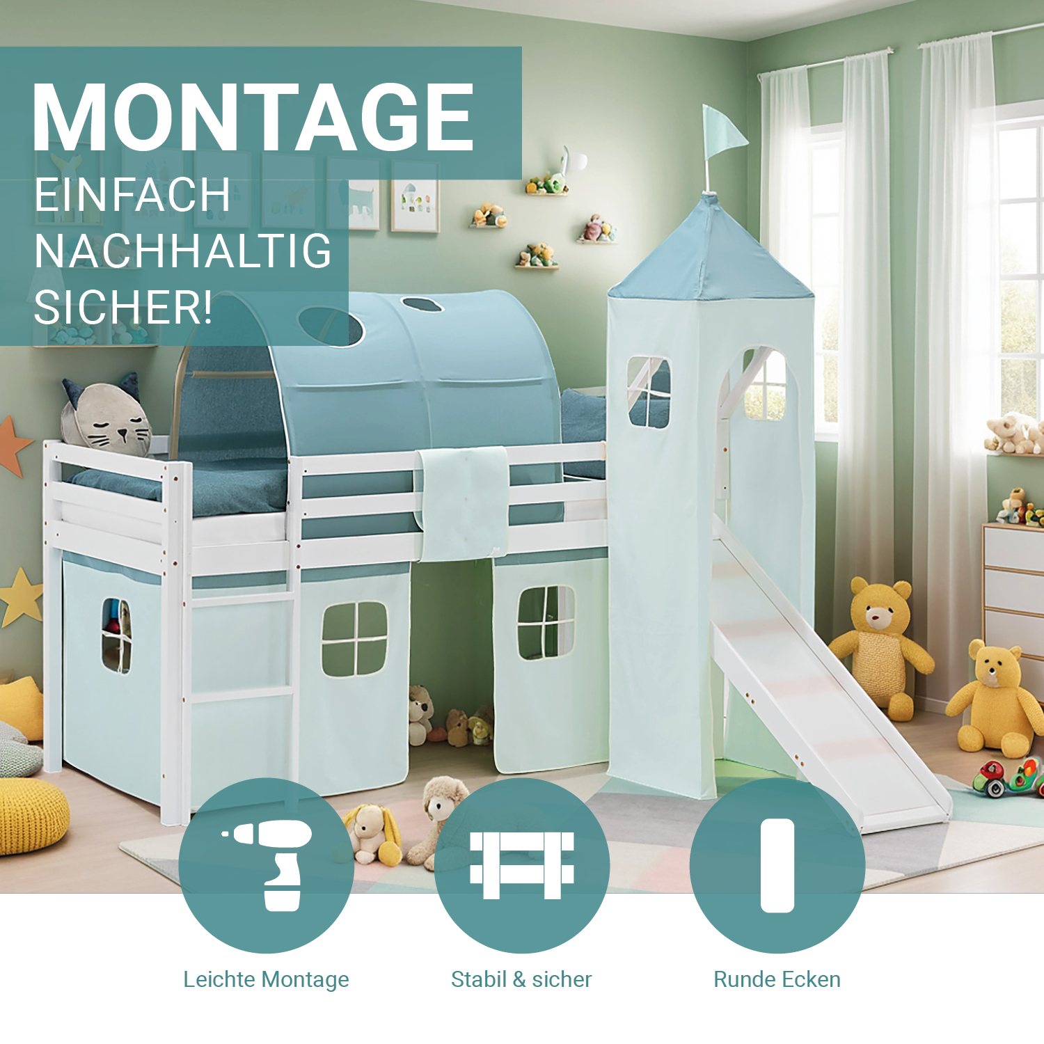 Loft Bed for Kids 90x200 cm White with Curtain in Mint Green | Slide | Tower | Tunnel | with Slatted Frame and Mattress
