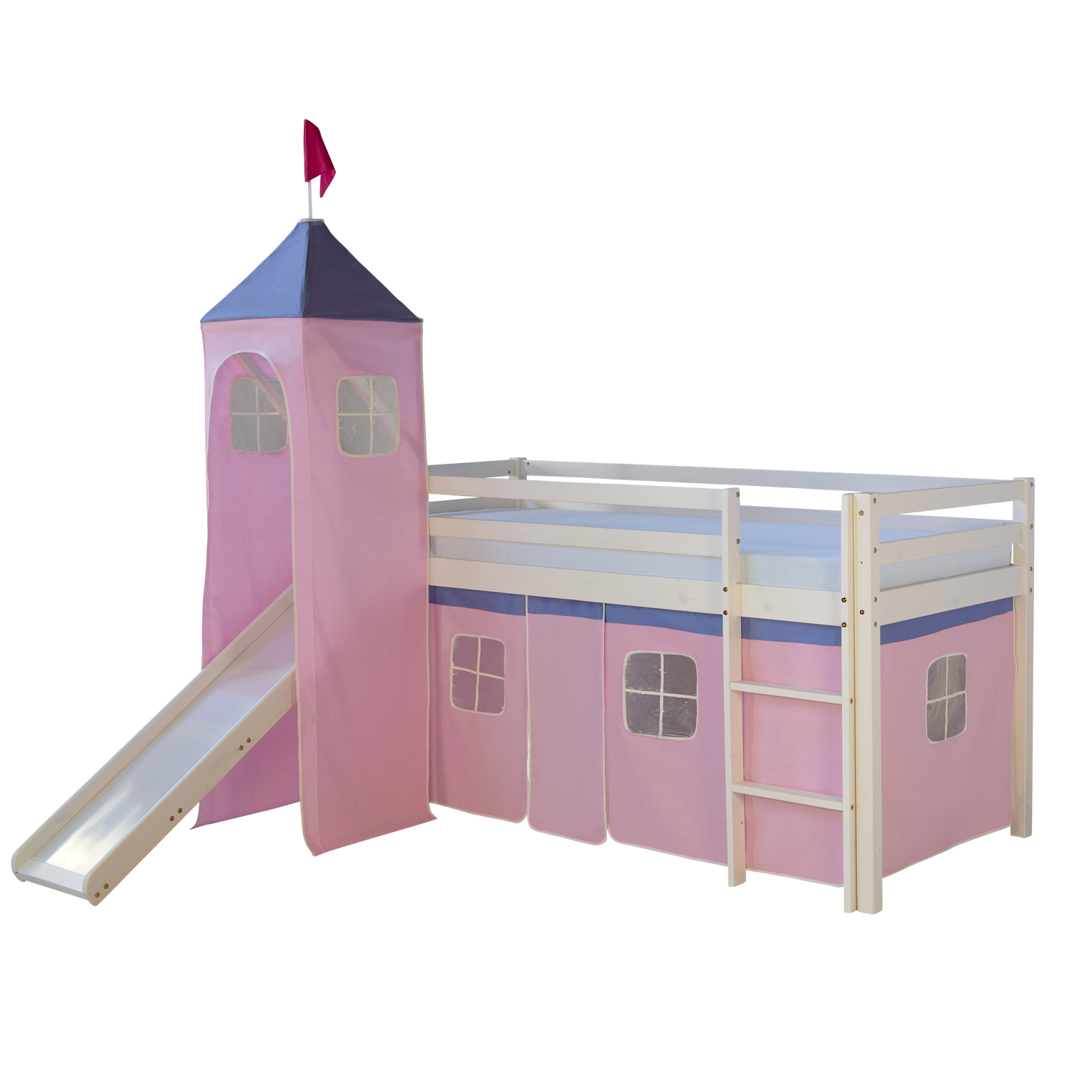 Loft Bed Kids 90x200 cm White with Curtain in Pink | Tower | Slide | without Slatted Frame