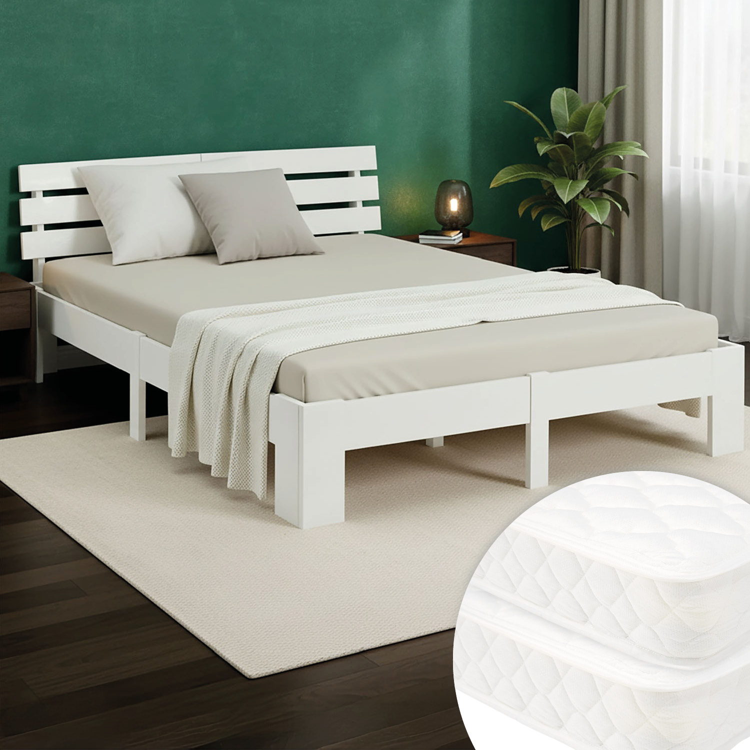 Wood Bed 180x200 cm White | Double Bed | with Spring Mattress | Solid | Youth Guest Bedroom