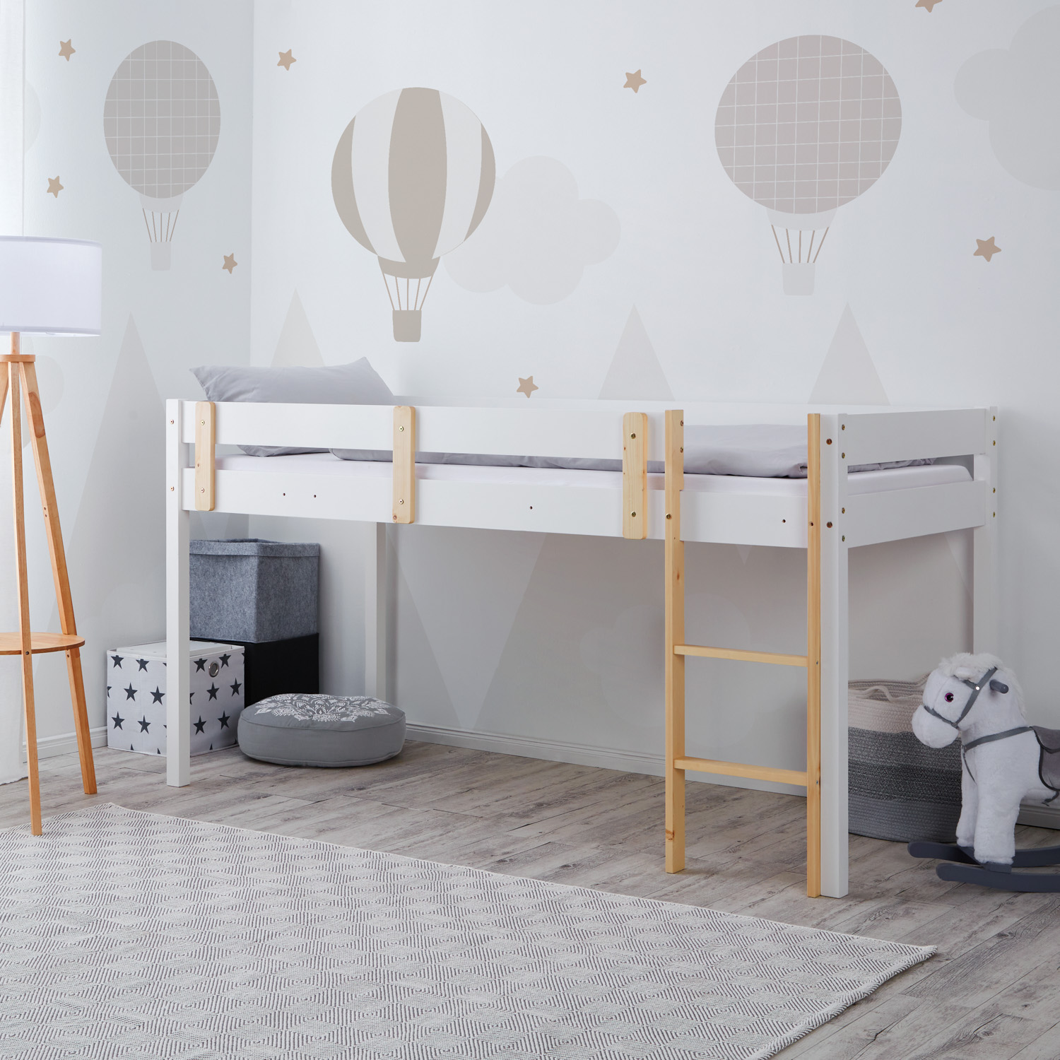 Loft Bed Kids 90x200 cm White | Ladder Natural | Fall Protection | with Slatted Frame