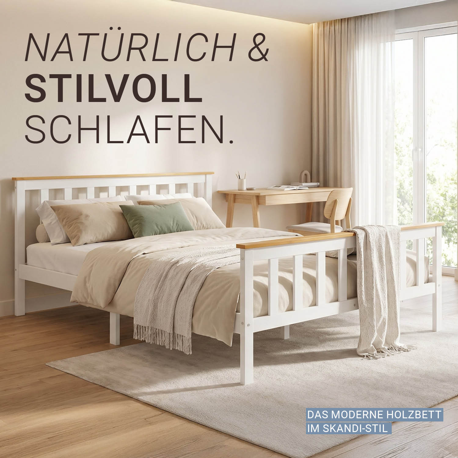 Wooden Bed 140x200 cm Natural White | Double Bed | With Slatted Base | Scandinavian Style | Children's, Teen, or Guest Bedroom