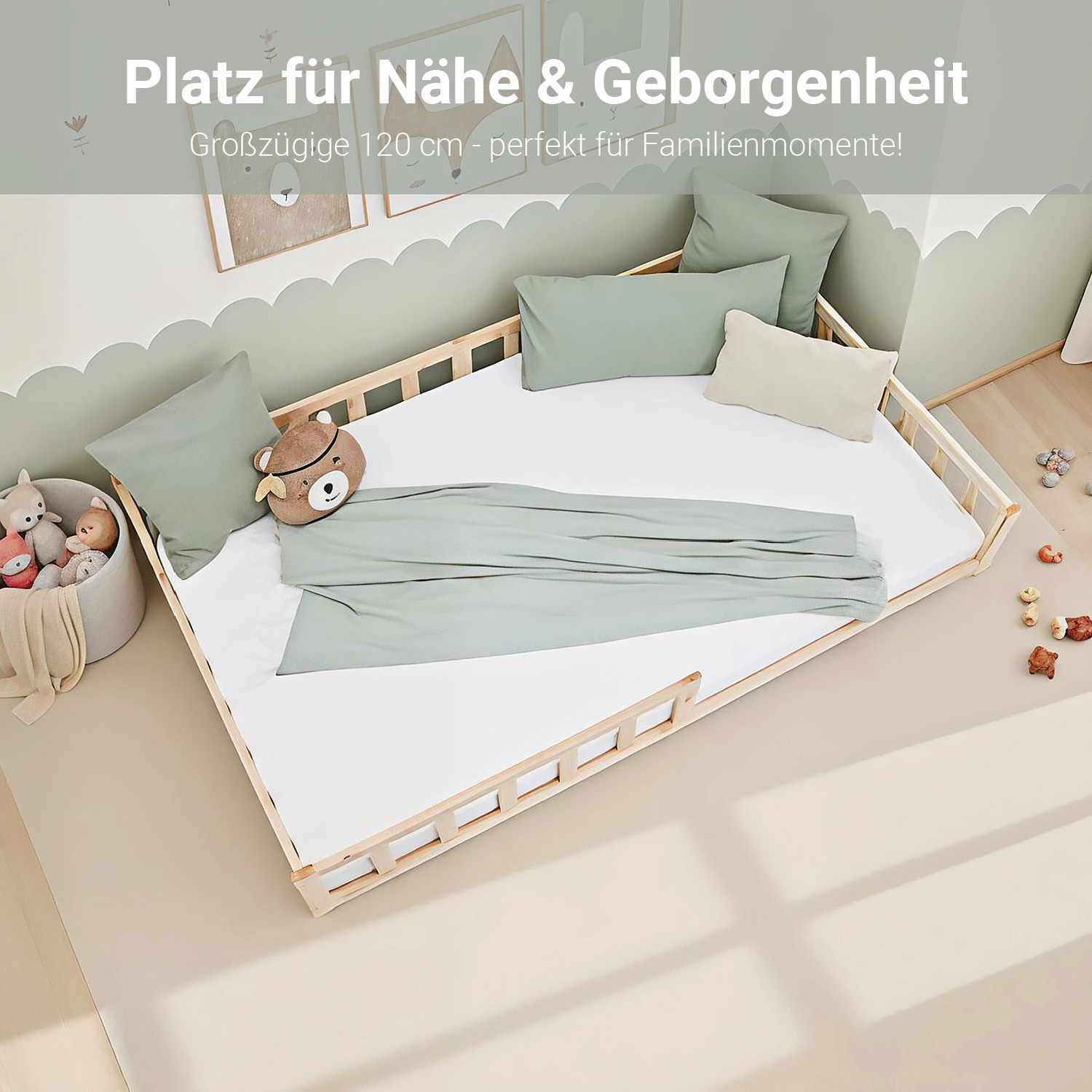 Children's Bed 120x200 Natural | Floor Bed with Slatted Frame | with Fall Protection | Montessori