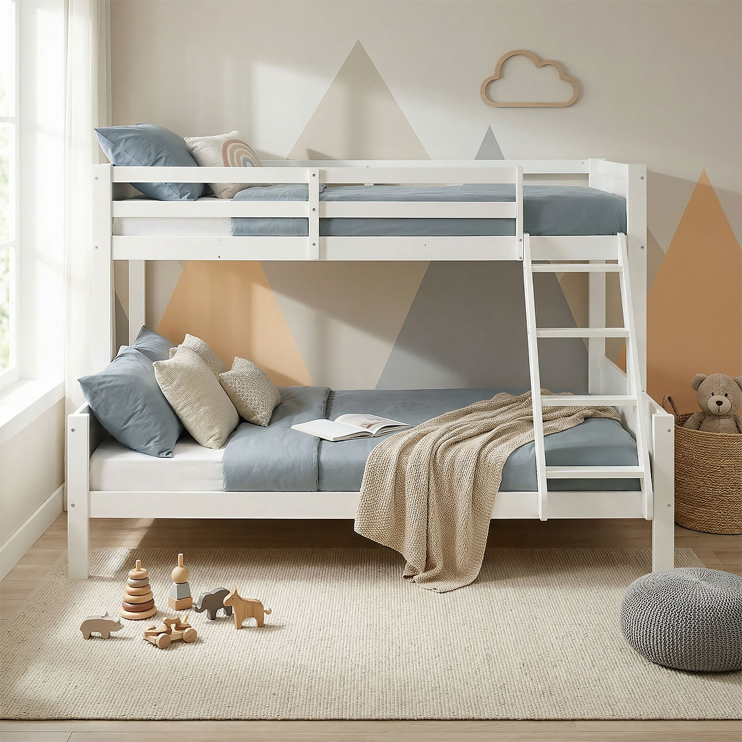 Children´s Bed Bunk Bed 90x200 and 140x200 High Sleeper Cot White Wood with Slats 2 Matresses