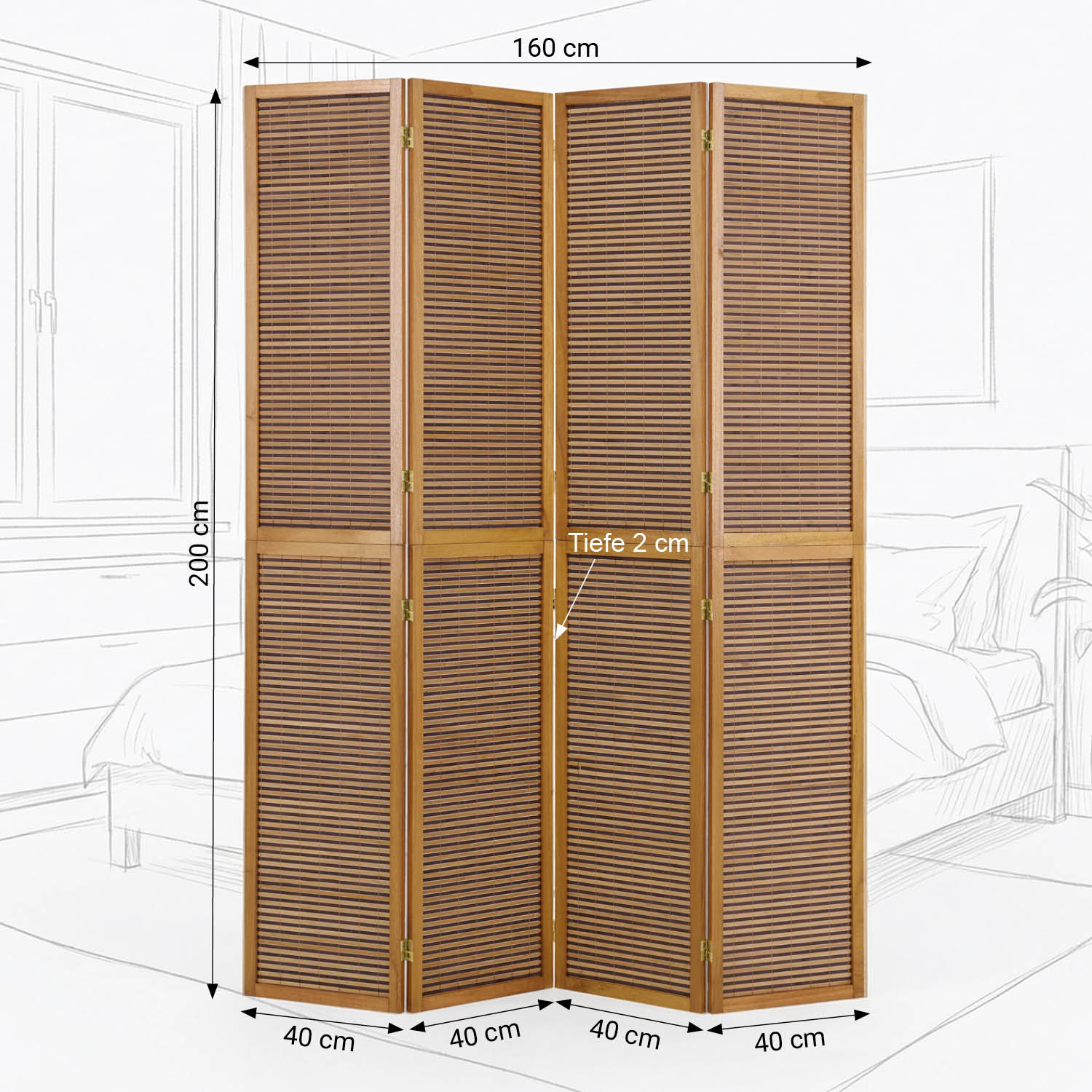 Paravent Brown Wooden Slats Height 200 cm | 4-panel | Wood | Room Divider Partition Privacy Screen