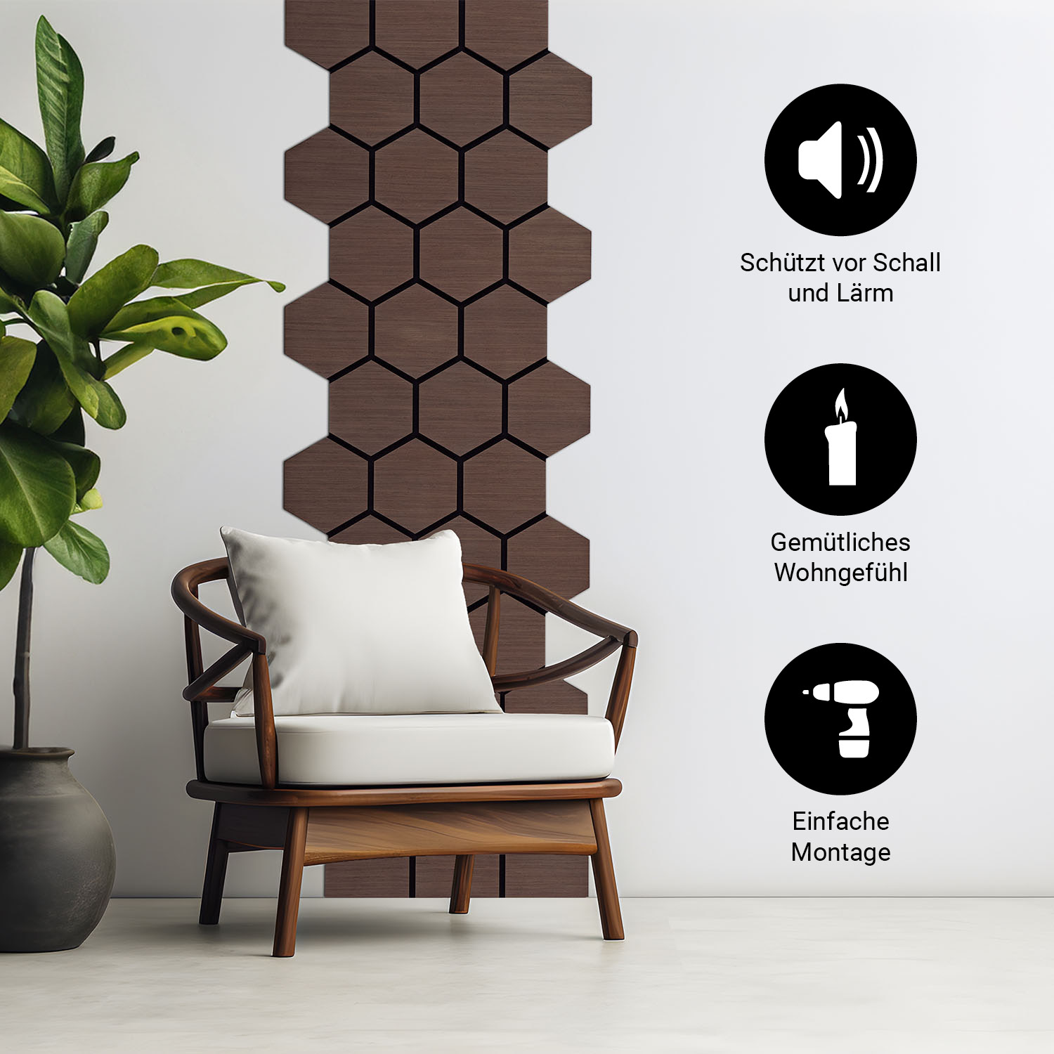 Acoustic Panels Wall Panels Hexagon Honeycomb 76 x 62 cm Brown Walnut | Wood | 4-piece Set | 3D