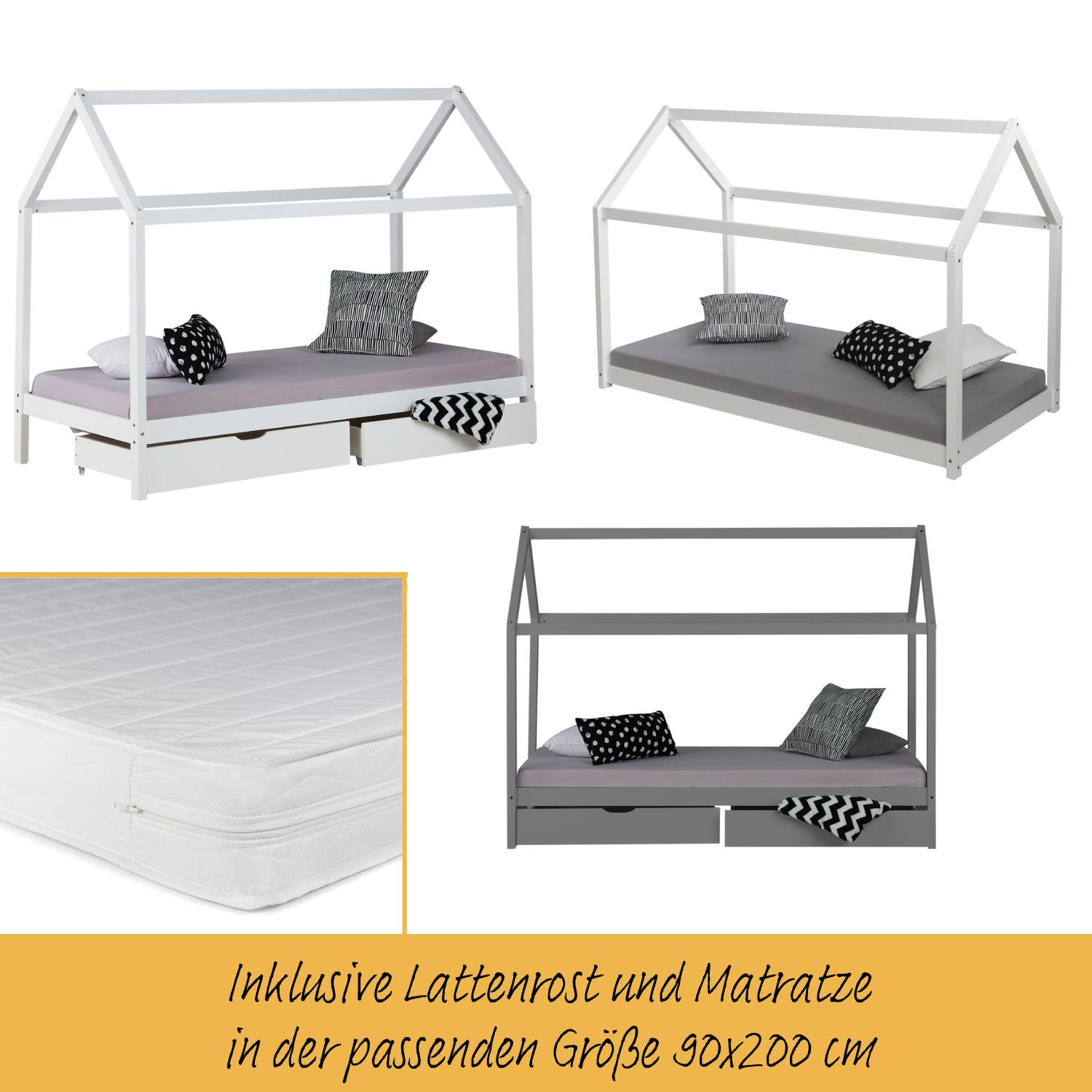 Cot Children's House White Grey Play Bed Wooden Bed 90 x 200 cm with Mattress Slatted Frame 