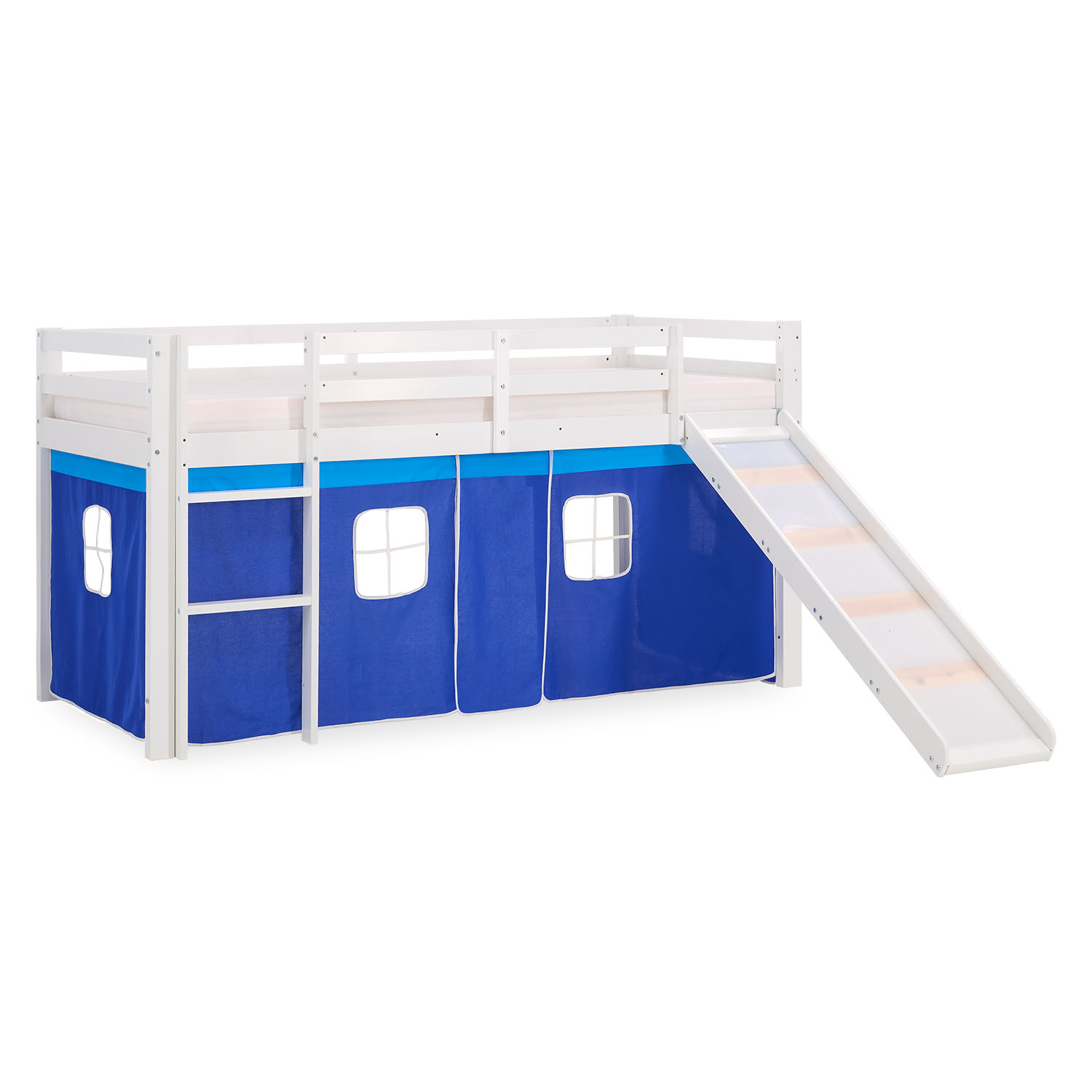 Children's Loft Bed 90x200 cm White with Blue Curtain | Slide | Without Slatted Base | For Boys