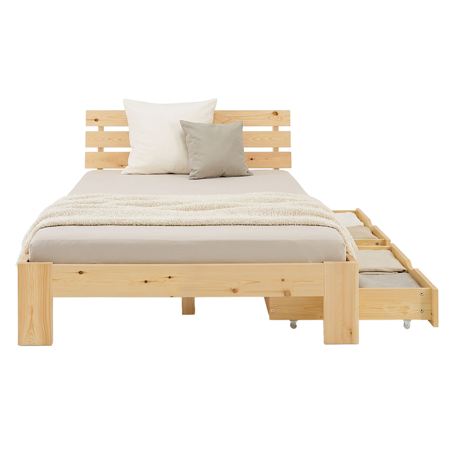 Wood Bed 90x200 cm Natural | Small Double Bed | with Mattress | 2 Drawers | Kids Youth Guest Bedroom