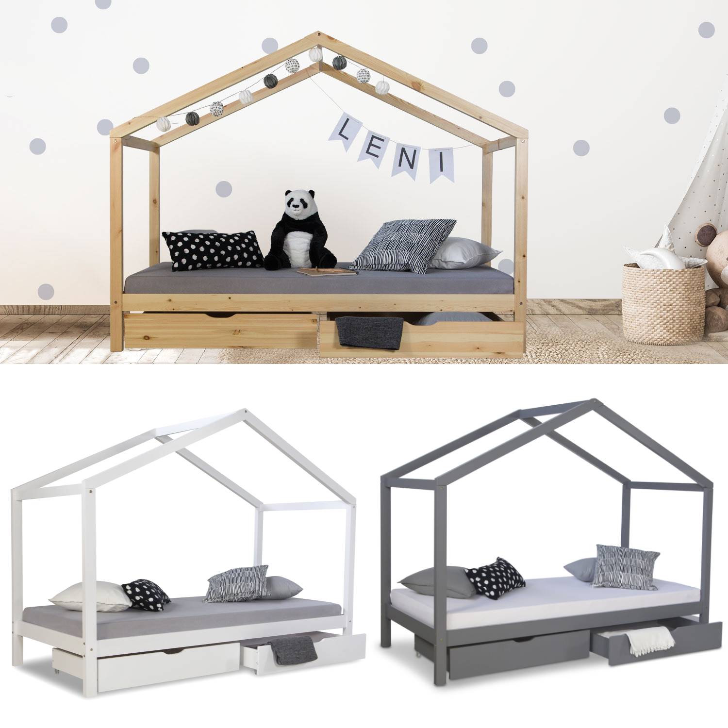 Cot House Bed 90x200 Children's House Play Bed Wooden Bed Bed Drawer Nature White Grey