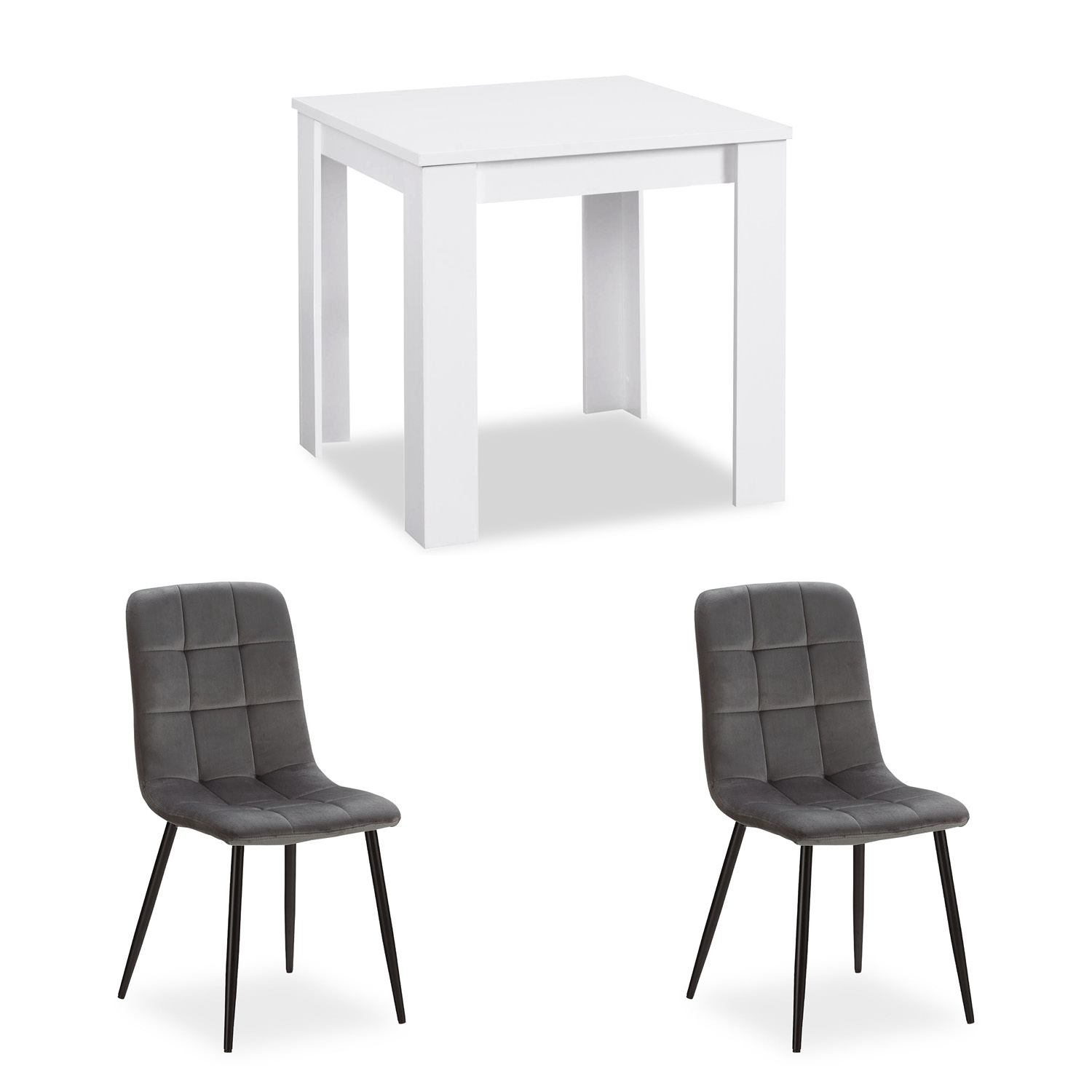 Modern Dining Table White 80x80 cm with 2 Chairs Grey Velvet Dining Room Table Wooden Table