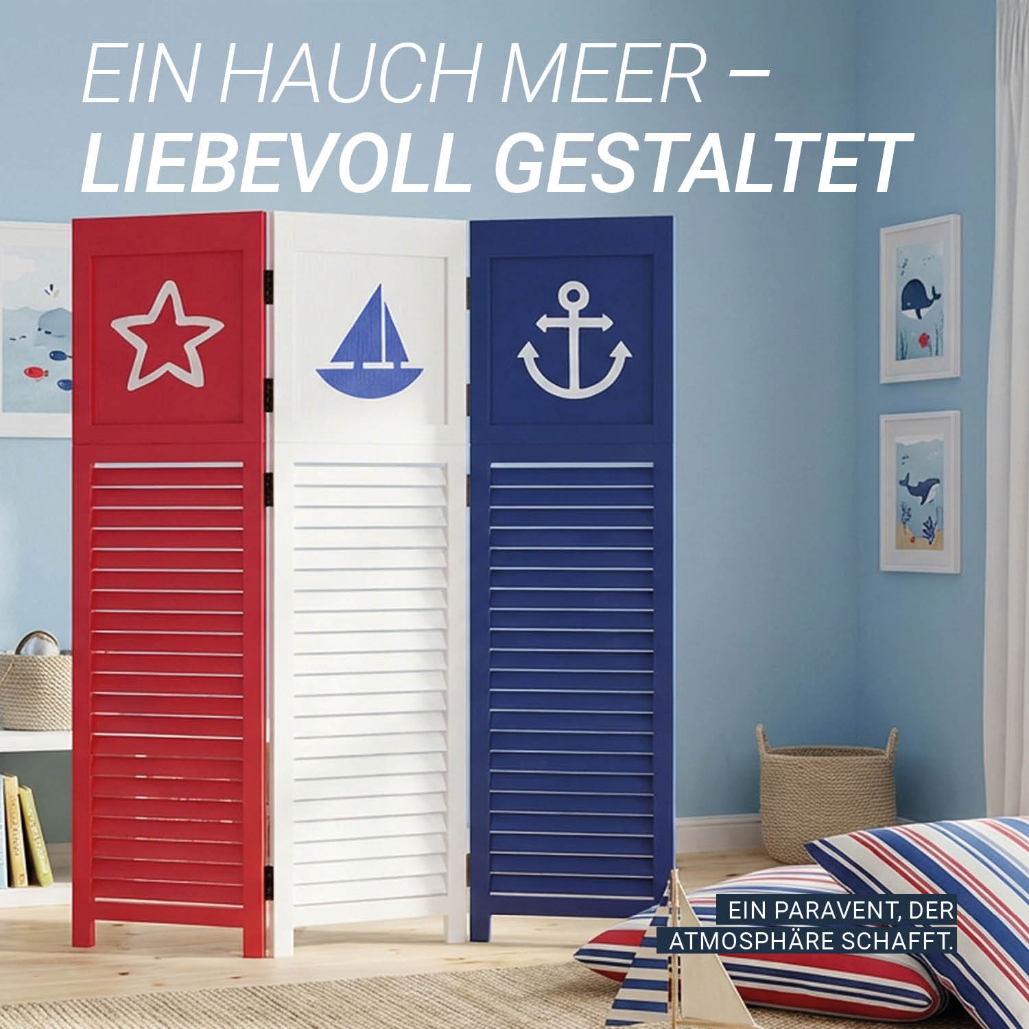 Paravent Red White Black Maritime Motifs | 3-panel | Wood | Room Divider Partition Privacy Screen