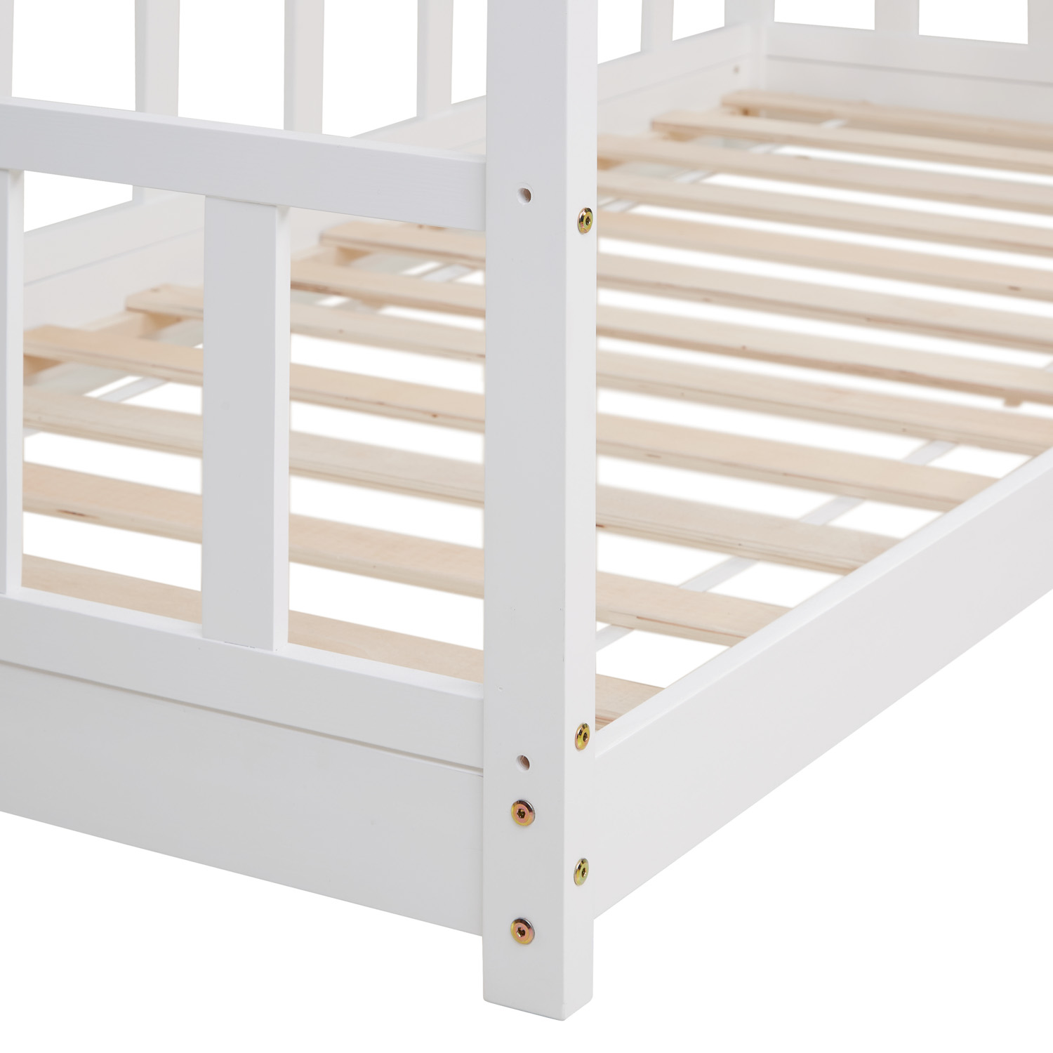 Children's Bed 90x200 cm White | House Bed with Fall Protection | Montessori | Single Bed | with Slatted Frame | Wood