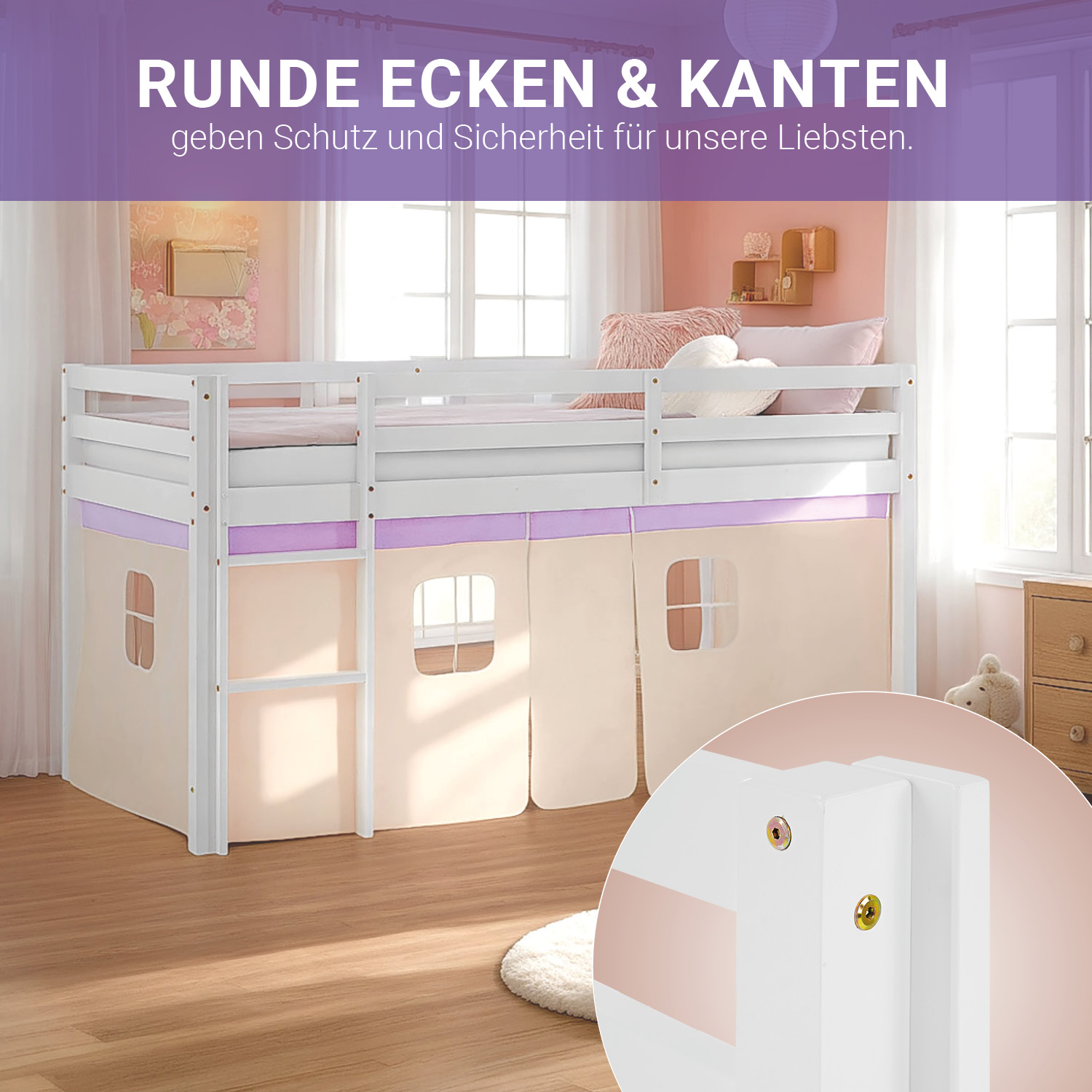 Loft Bed for Kids 90x200 cm White with Curtain in Lilac Beige | with Slatted Frame and Mattress