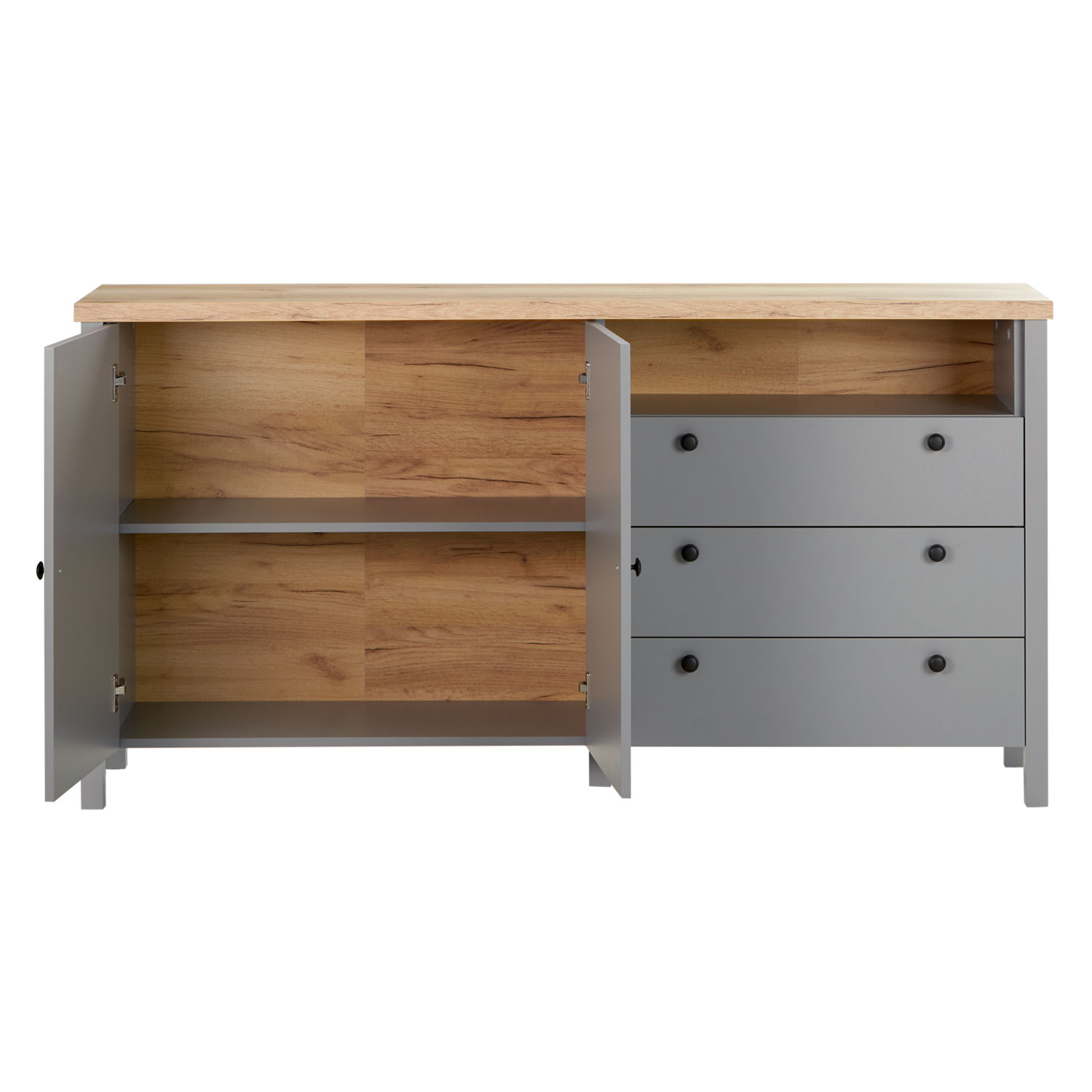 Chest of Drawers Sideboard Grey 166.5 cm Wood Solid Cupboard with 3 Drawers Highboard Living Room Cabinet