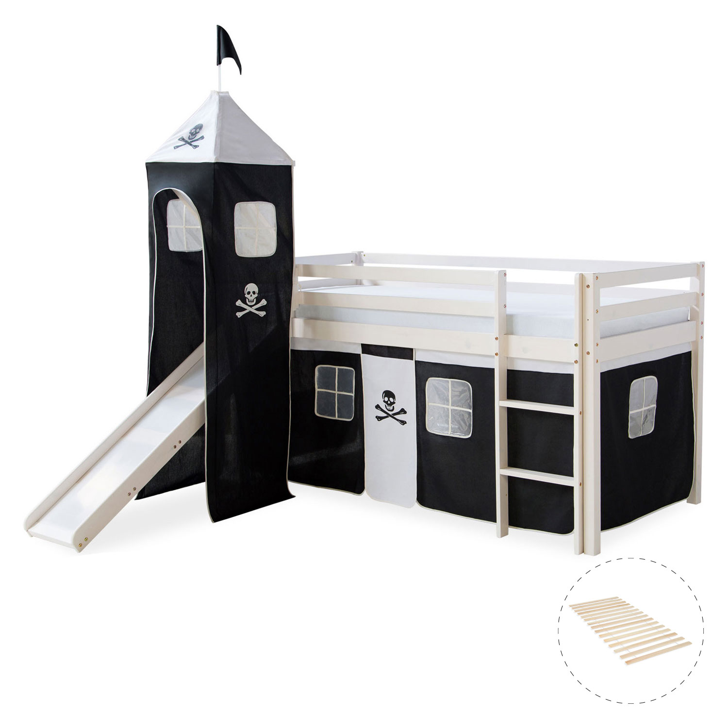Loftbed with Slide 90x200 cm Tower Slats Bunk bed Childrens bed Solid Pine Wood Curtain Black Pirate