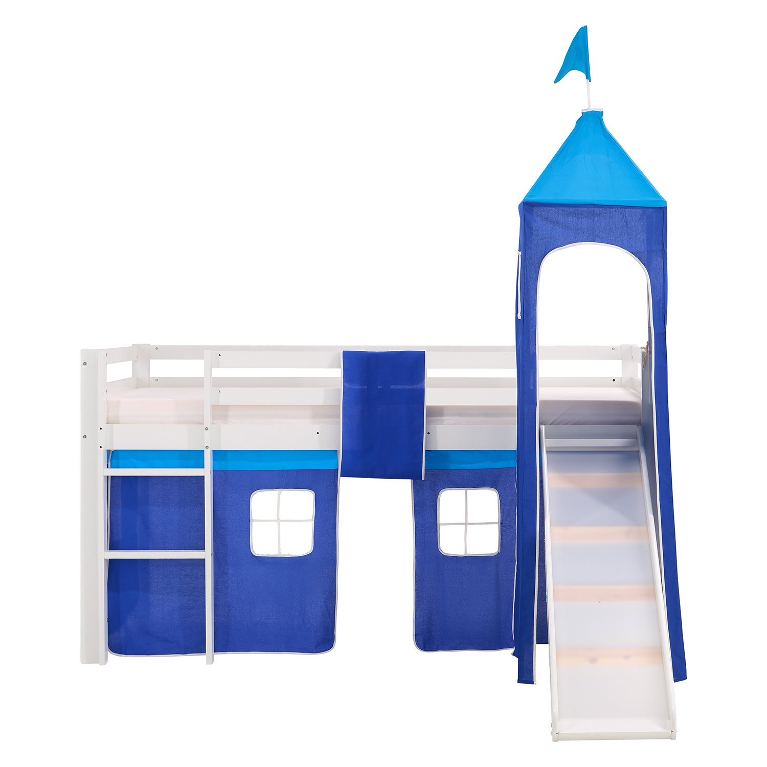 Children's Loft Bed 90x200 cm White with Blue Curtain | Tower | Slide | with Slatted Base
