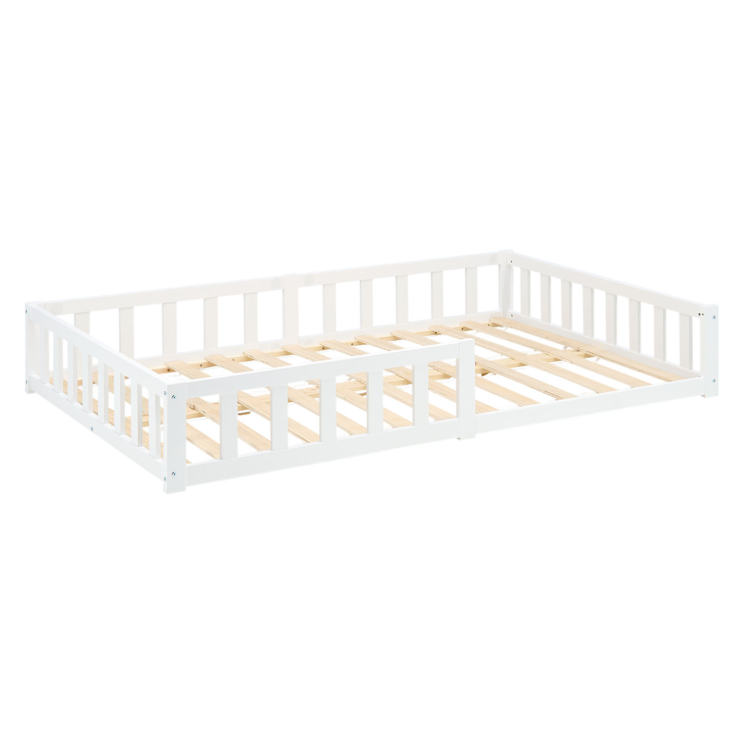 Montessori Crib 120x200 cm White, Includes Mattress & Slatted Base – Floor-Level Crib with Safety Rail Made of Solid Wood