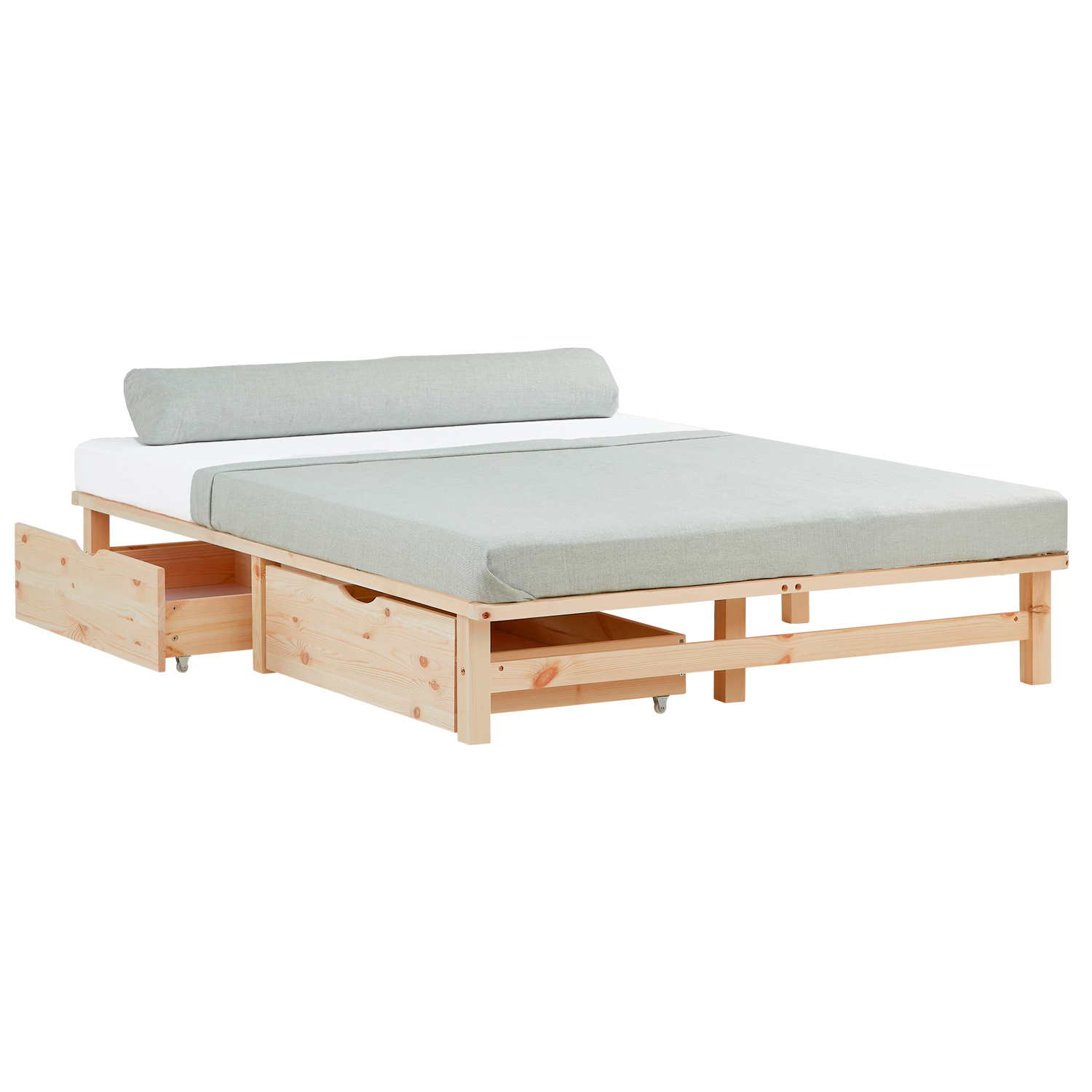 Pallet Bed 140x200 cm Natural | Double Bed with Storage Drawers | with Slatted Frame | Wood | Kids Youth Guest Bedroom