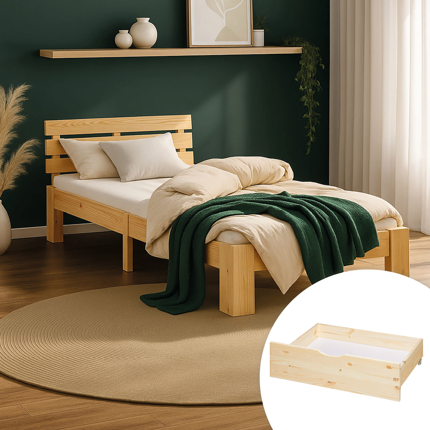 Wooden Bed 90x200 cm, Natural | Single Bed with 2 Underbed Drawers | Incl. Slatted Base | Solid Wood | Child, Teen & Guest Bedroom