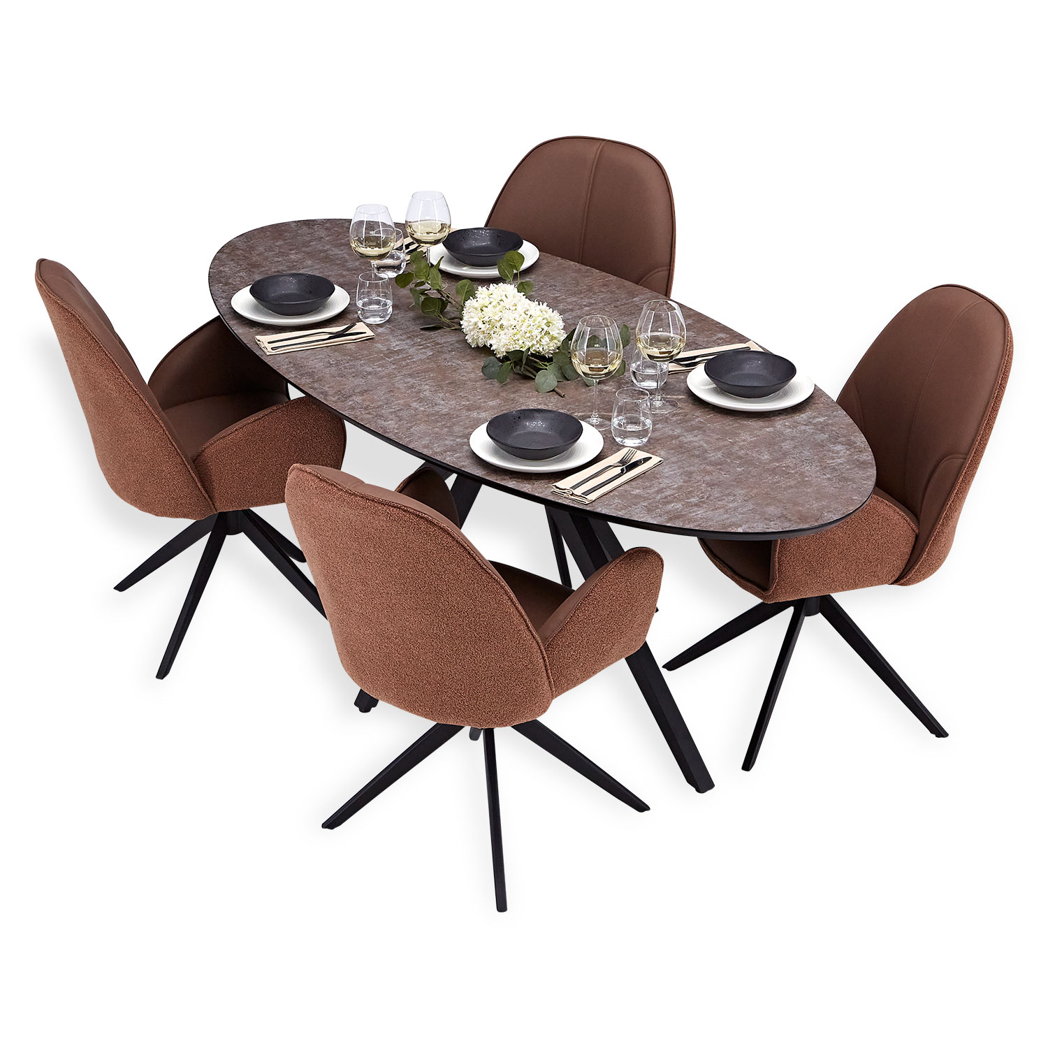 Esstisch mit 4 Stühlen Set Essgruppe Polsterstühle Drehbar Bouclé Leder Braun Beige Esszimmertisch Oval Metall Schwarz