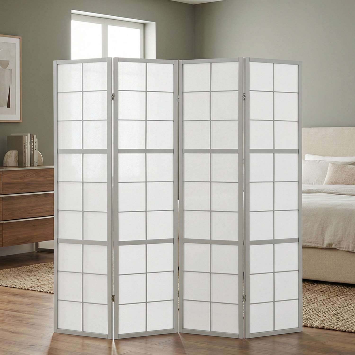 Paravent Grey Shoji | 4-panel | Wood | Room Divider | Partition Privacy Screen
