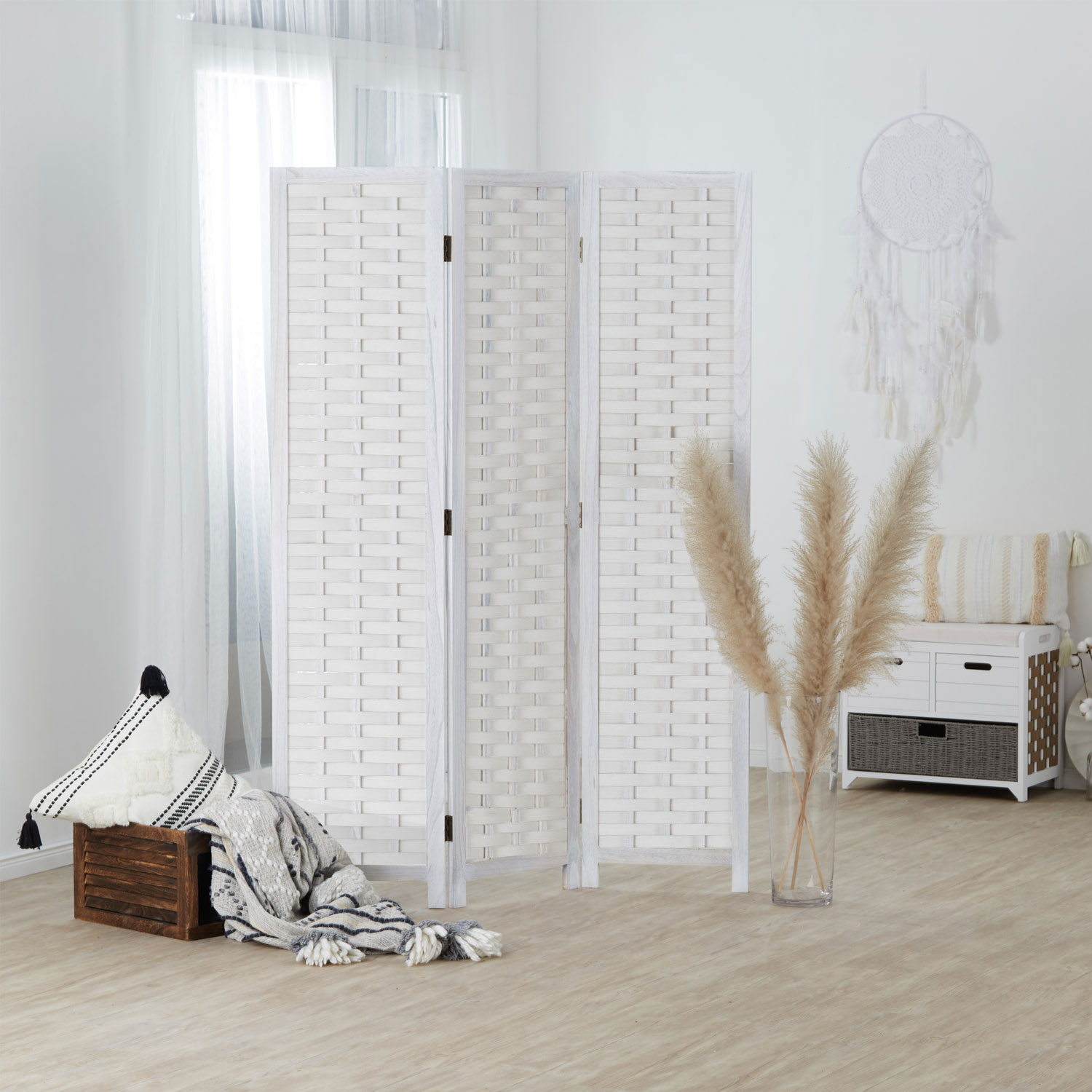 Room Divider 3 Piece White Natural Brown Wood Partition Screen Separation Rattan Vintage