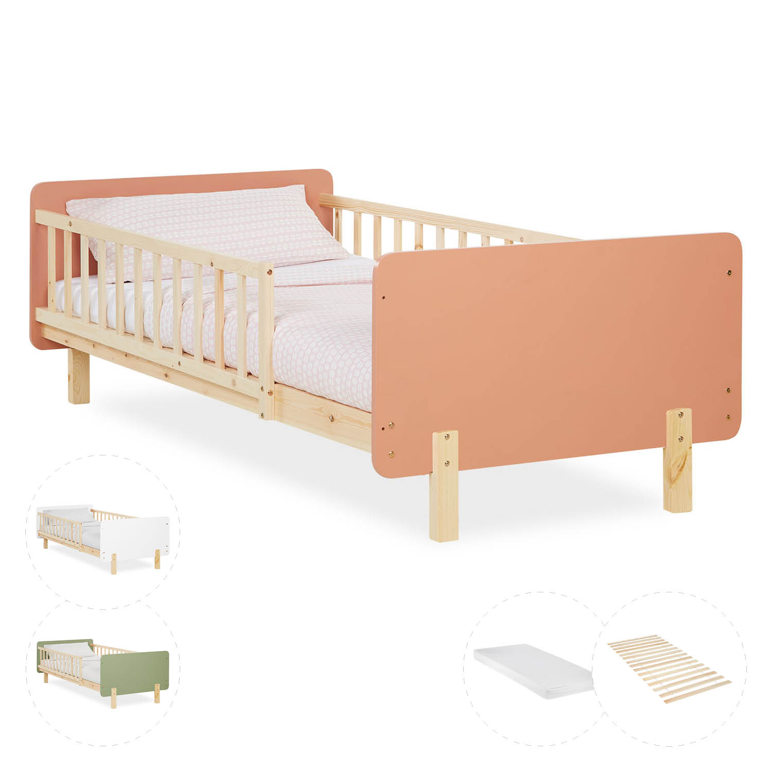 Single bed 90x200 cm White Green Red Wooden Bed frame Toddler bed with safety rail Kids bed Childrens bed Mattress Slatted frame