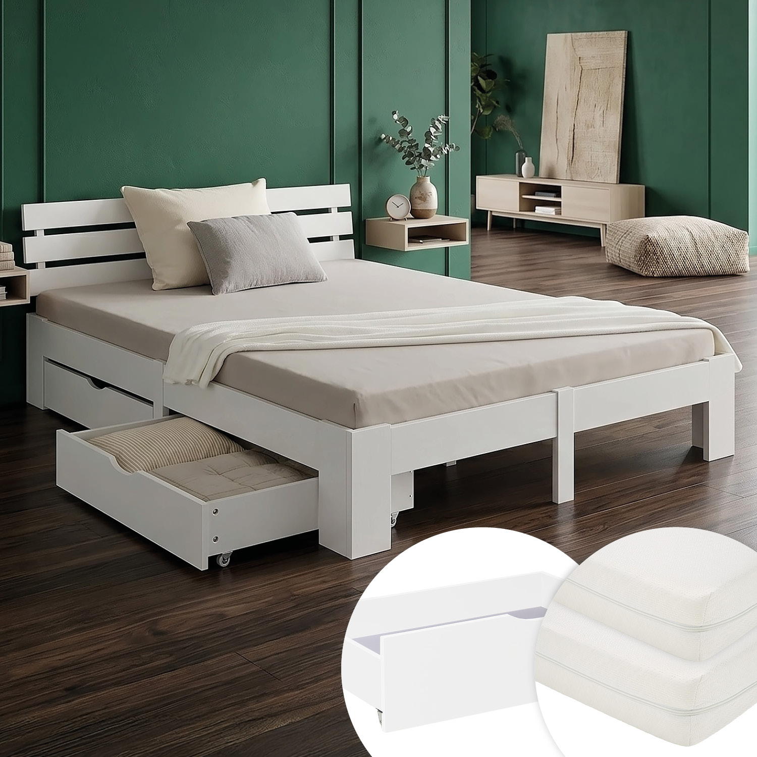 Wood Bed 180x200 cm White | Double Bed with Storage 2 Drawers | with Mattress | Solid | Youth Guest Bedroom