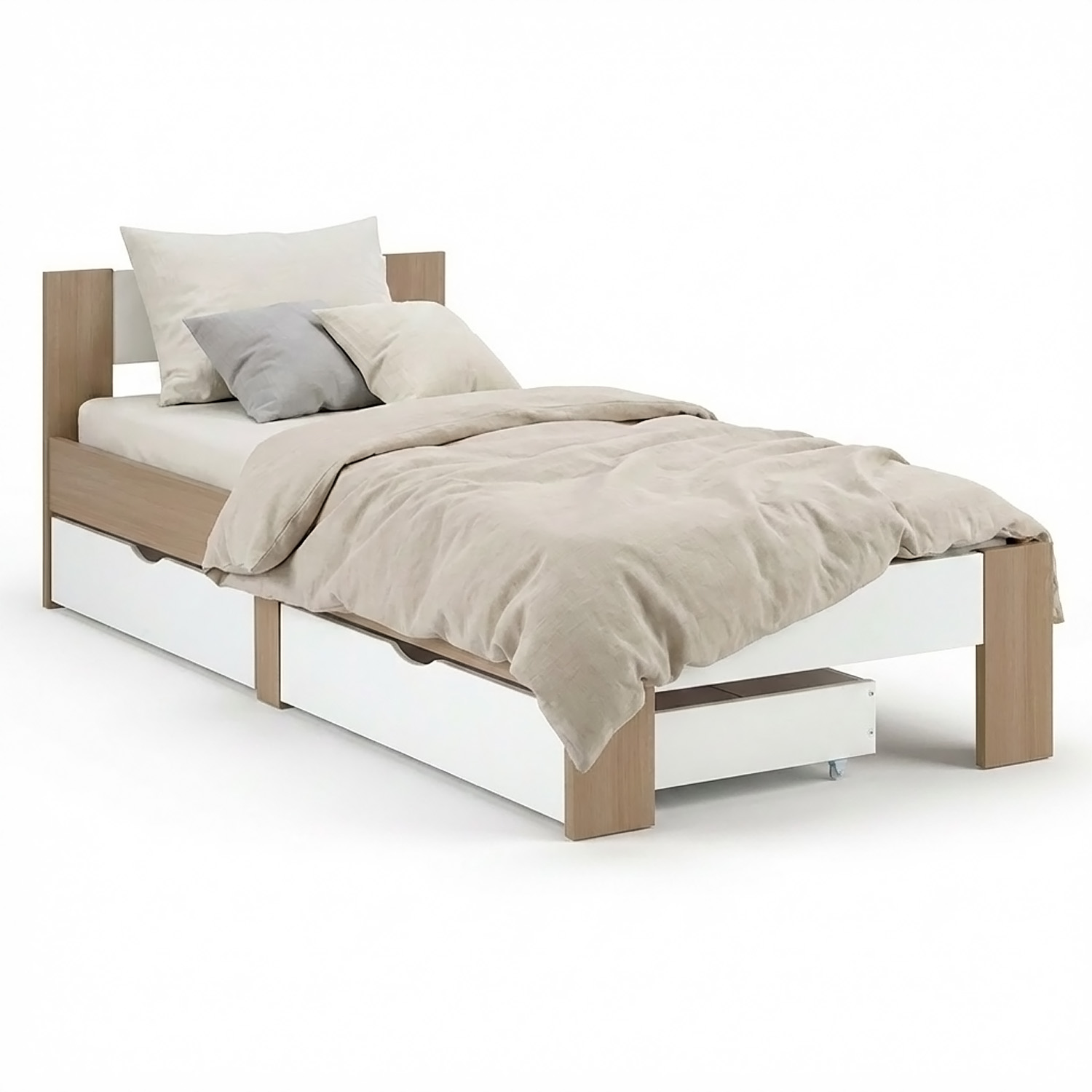 Wood Bed 90x200 cm Brown Oak White | Single Bed | 2 Drawers | Kids Youth Guest Bedroom