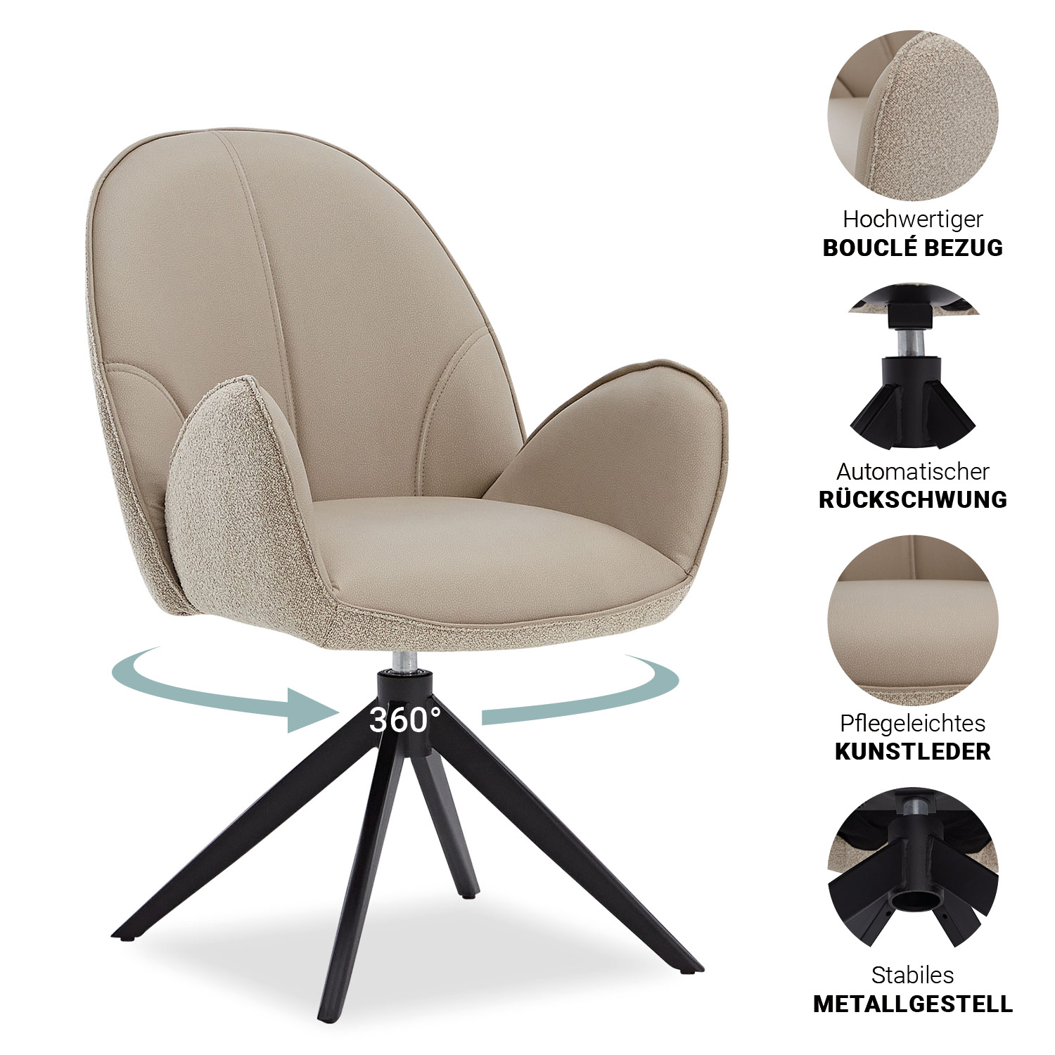 Set of 2 Bouclé & Leather Upholstered Chairs in Beige – Swivel Dining Chairs with Armrests in Almond Milk