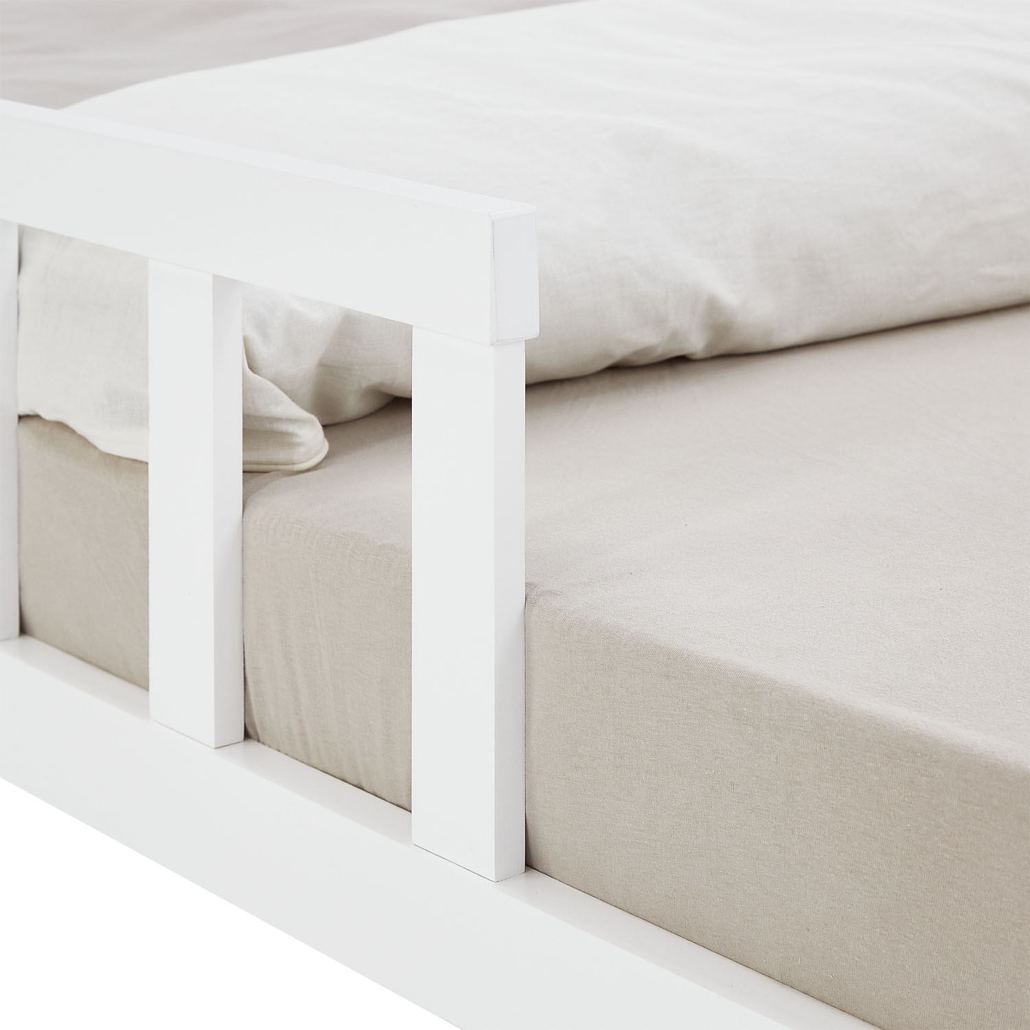 Children's Bed 120x200 White | Floor Bed with Slatted Frame | with Fall Protection | Montessori