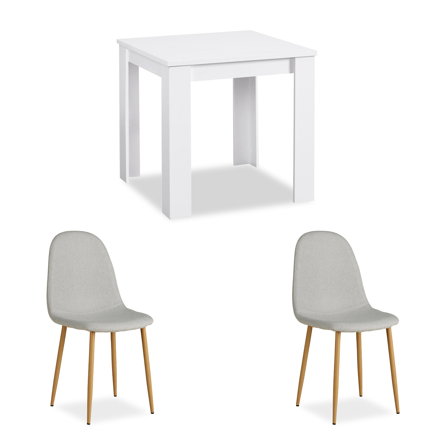 Essgruppe mit 2 Stühlen Esstisch Weiß 80x80 cm Esszimmertisch Holz Massiv Polsterstühle Grau