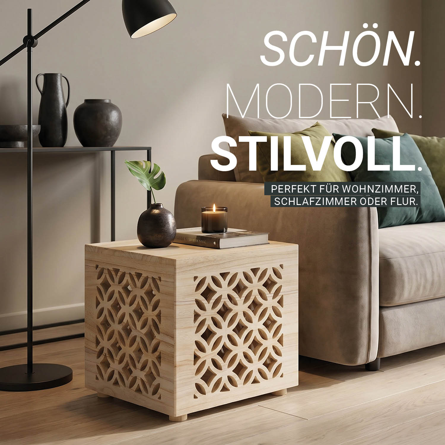 Side table wood cube bedside light